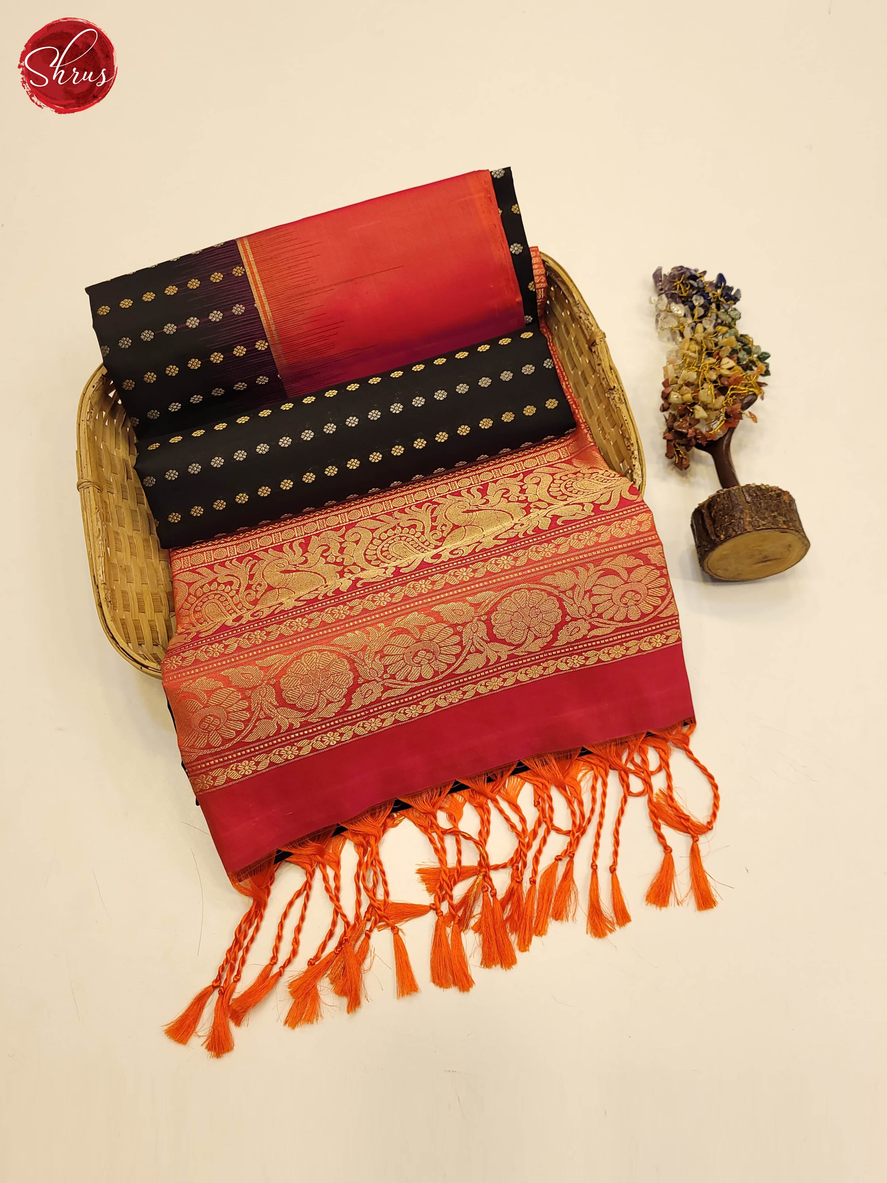 black and Peachish pink- Soft silk saree - Shop on ShrusEternity.com
