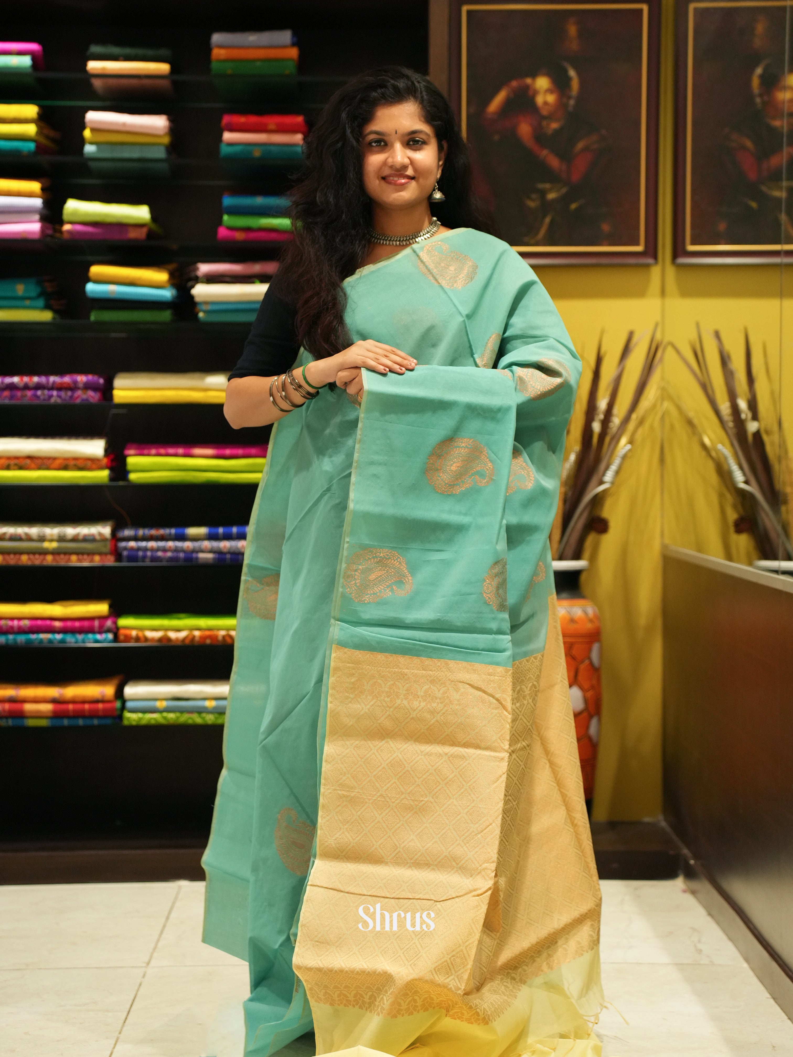 Green And Beige-Semi Silk Cotton Saree