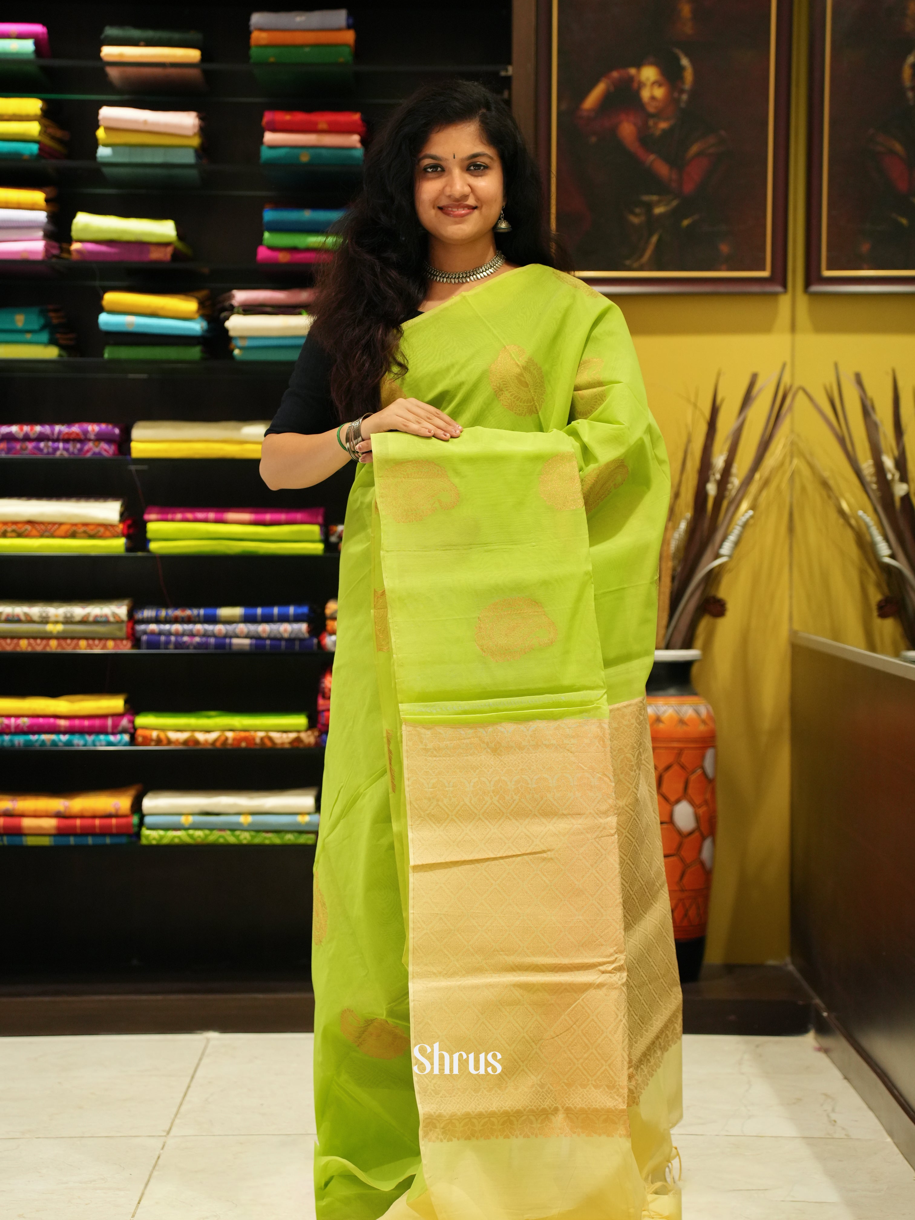 Green And Beige-Semi Silk Cotton Saree