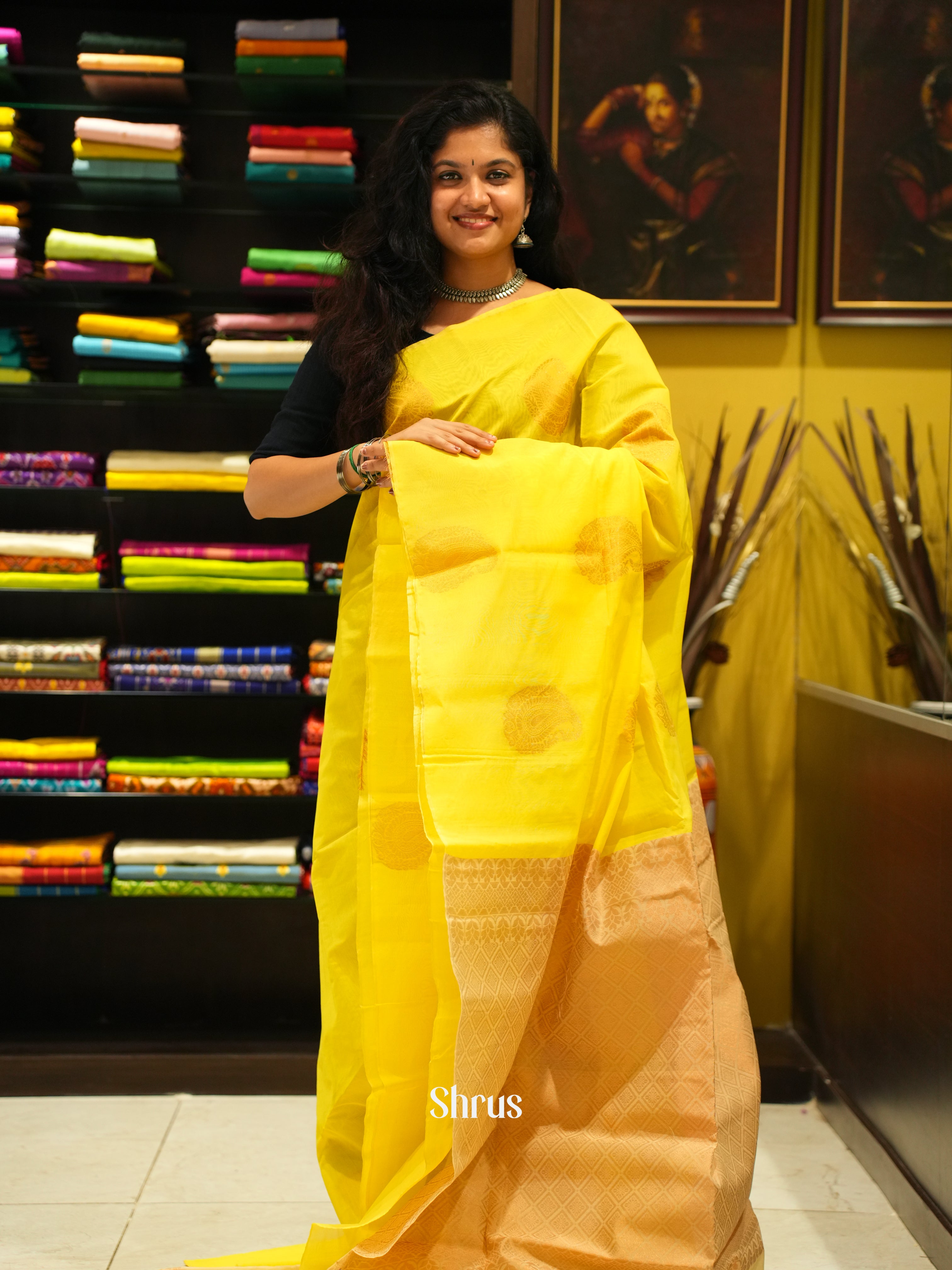 Yellow And Beige-Semi silk cotton saree