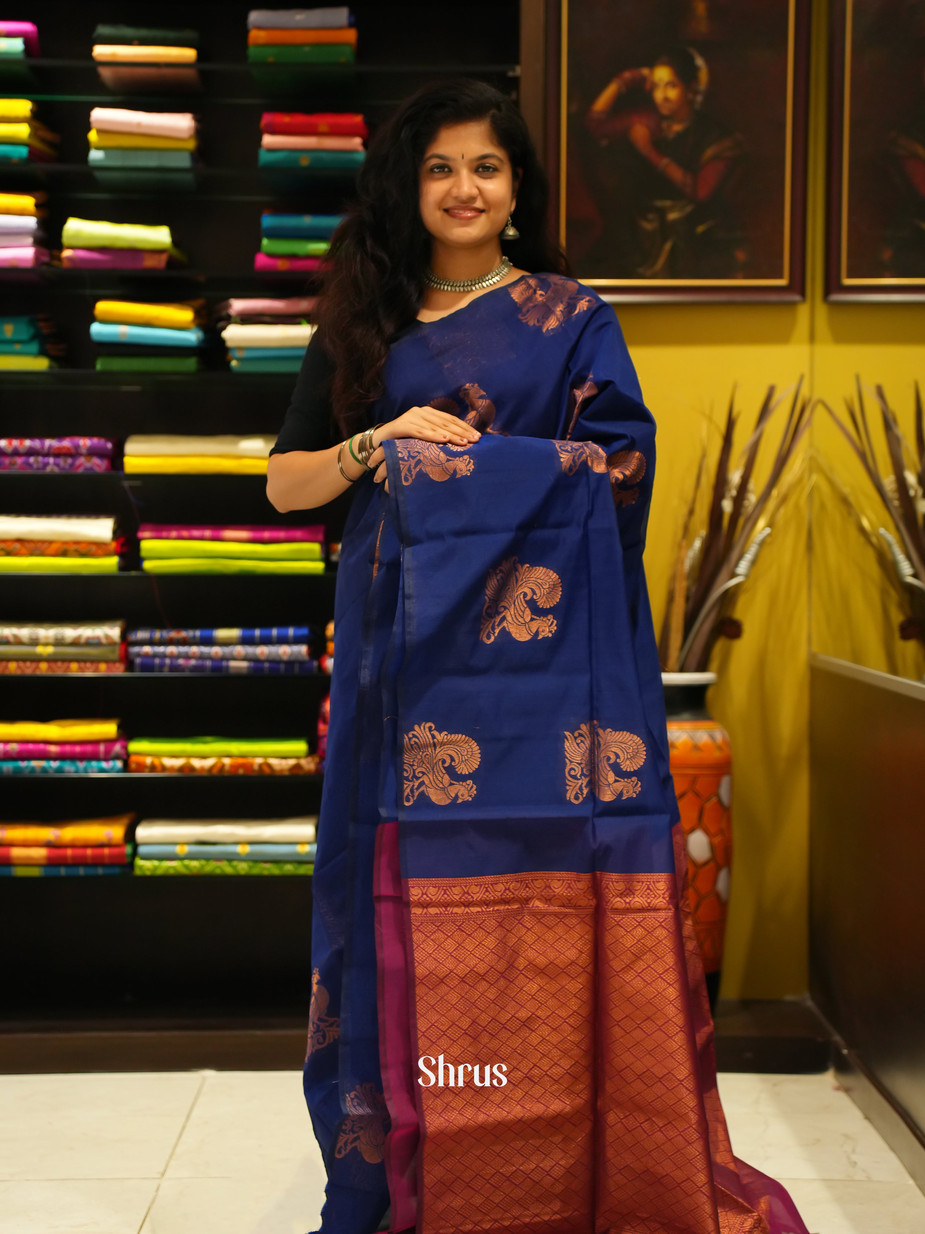 Blue And Pink-Semi Silk cotton saree