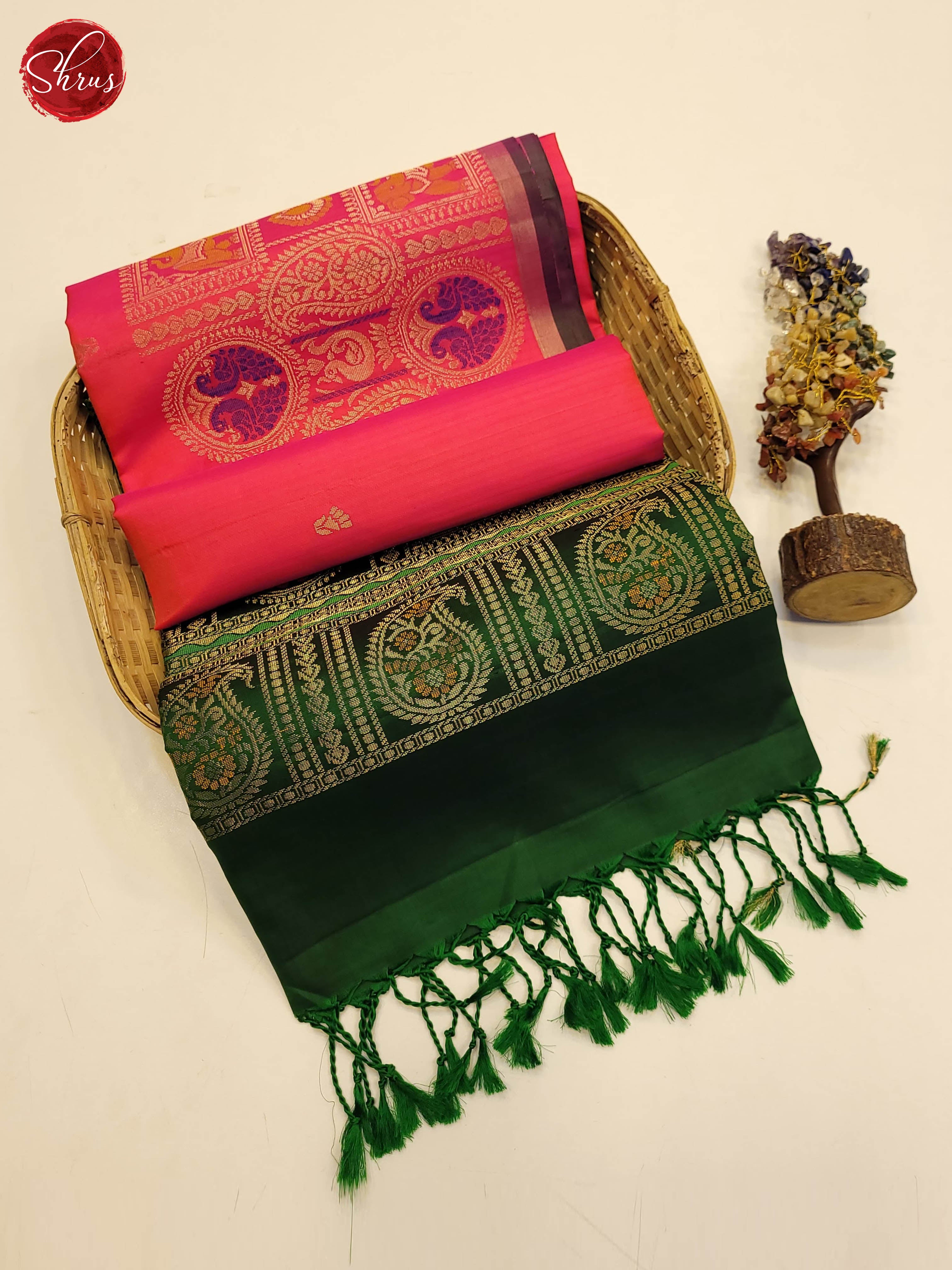 Pink and Bottle green-Soft silk saree - Shop on ShrusEternity.com