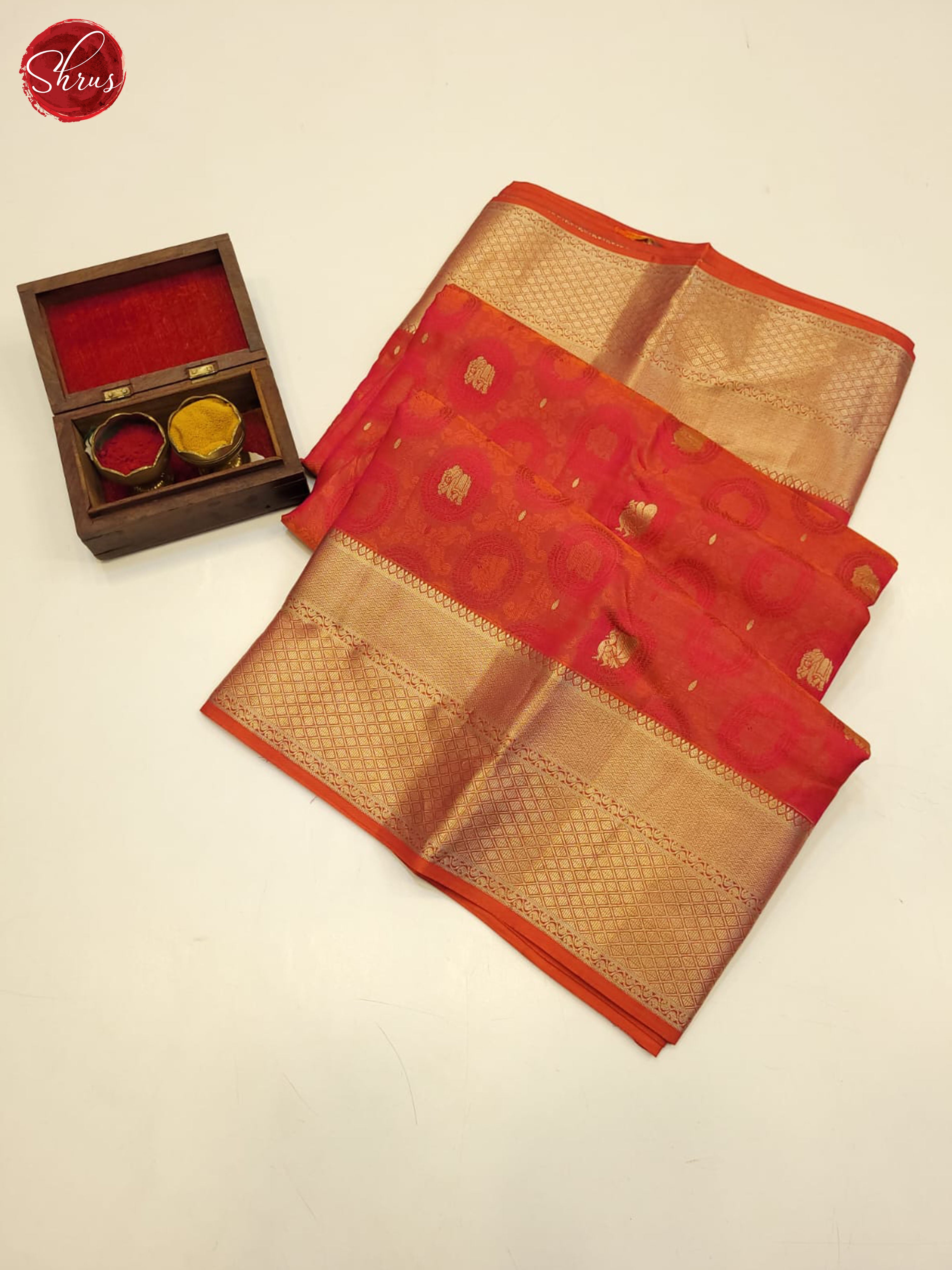 Orangish Pink - Kanchipuram silk Saree with Gold Zari Borders - Shop on ShrusEternity.com