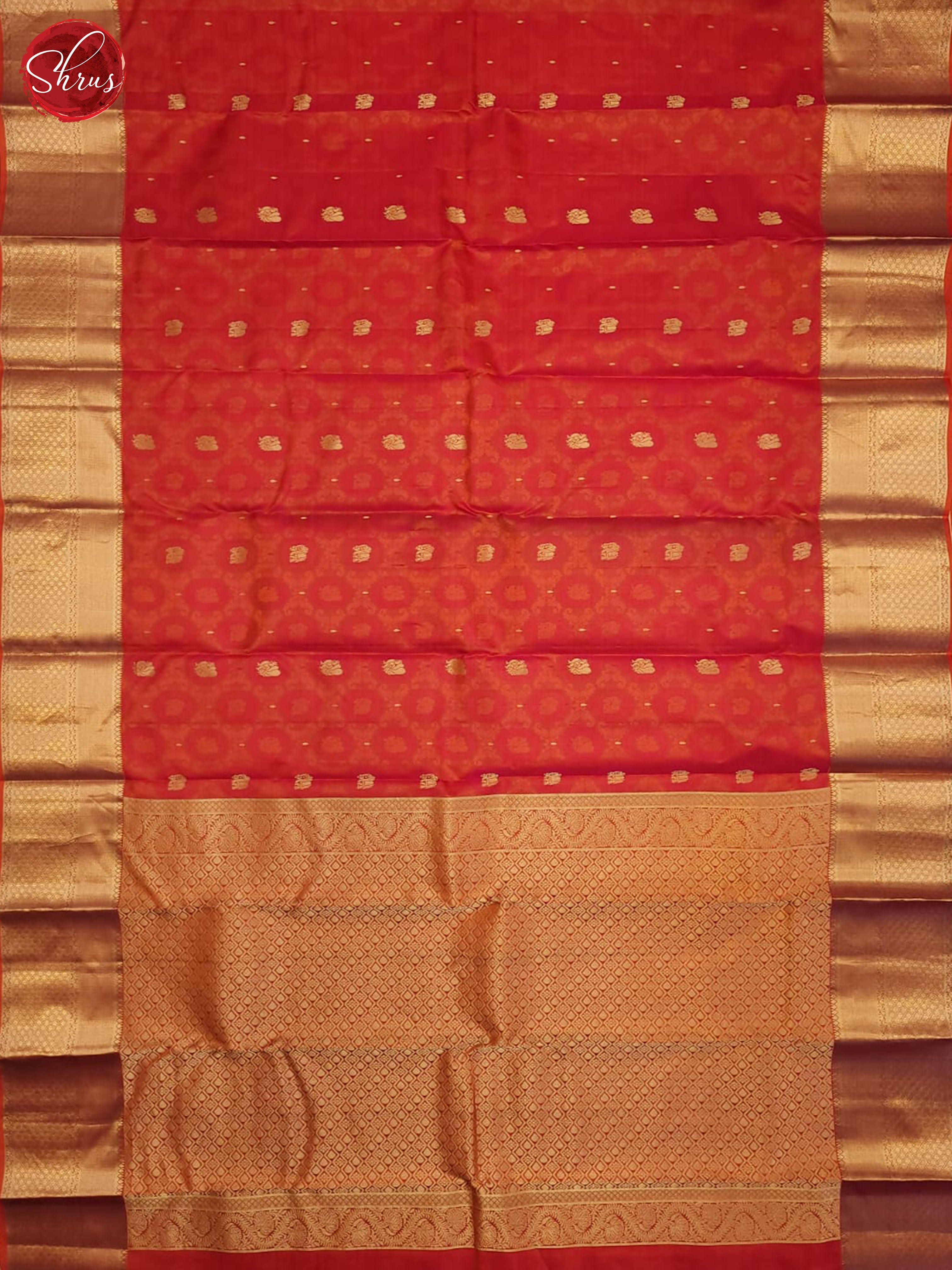 Orangish Pink - Kanchipuram silk Saree with Gold Zari Borders - Shop on ShrusEternity.com