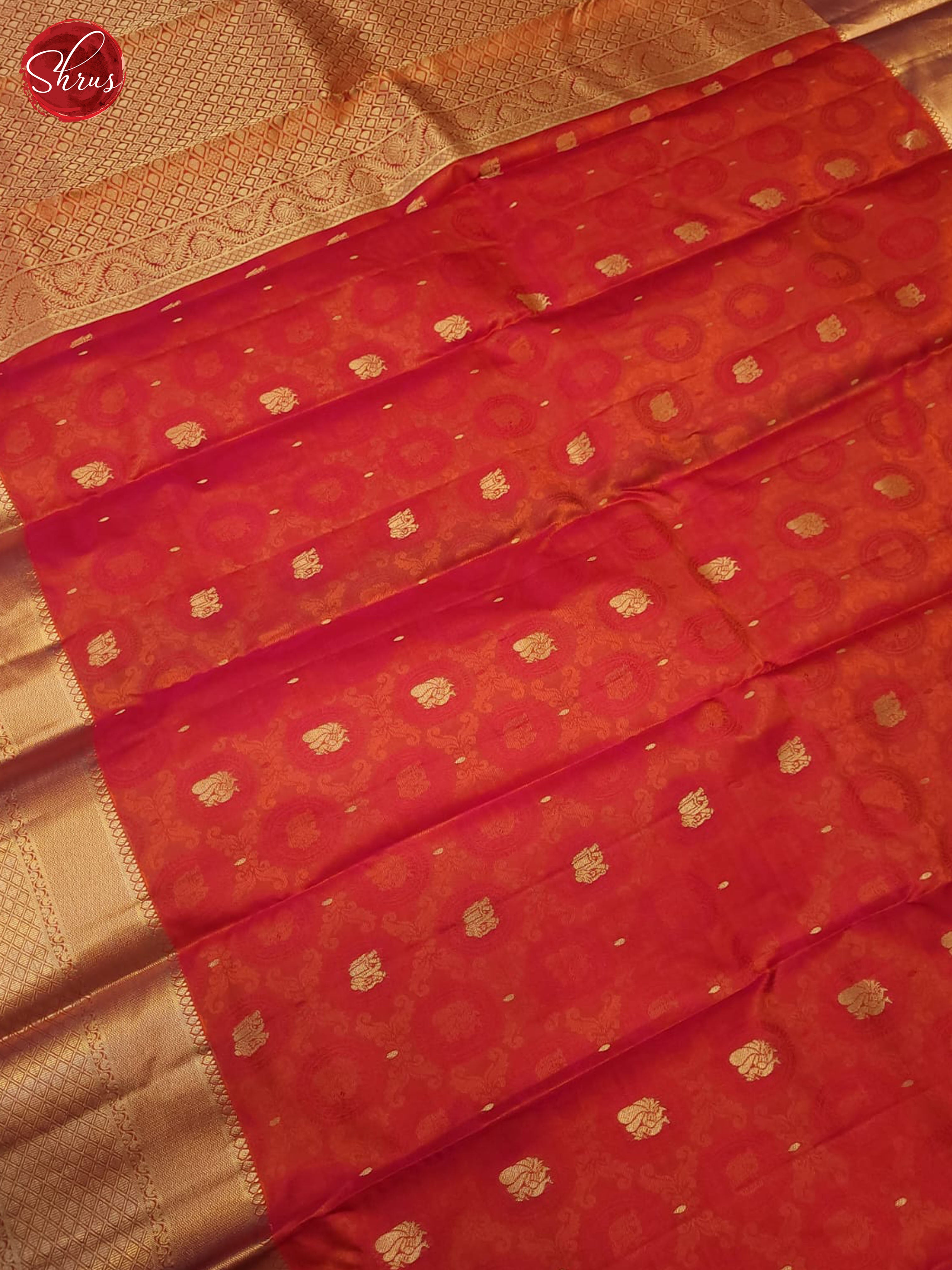 Orangish Pink - Kanchipuram silk Saree with Gold Zari Borders - Shop on ShrusEternity.com