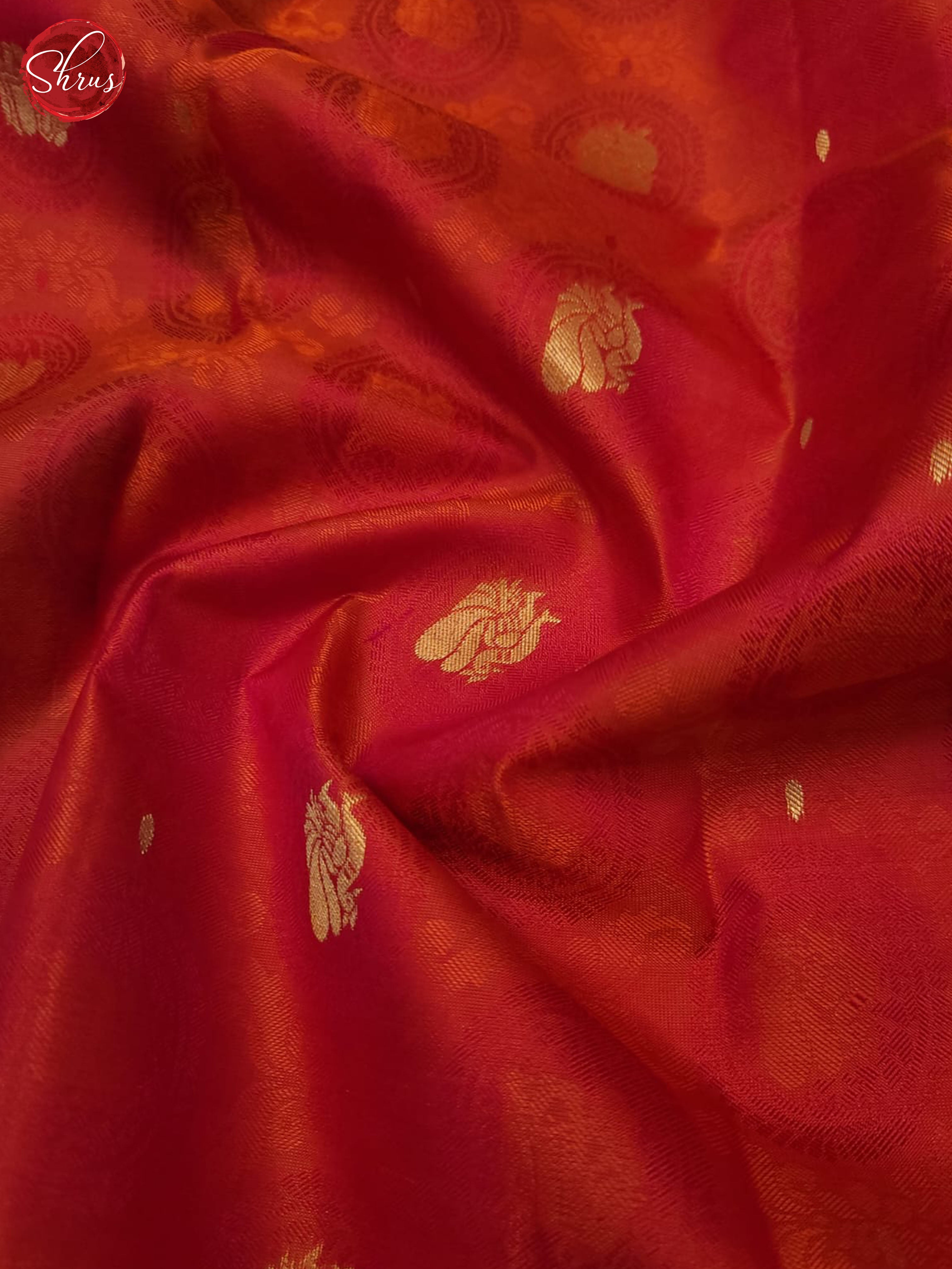 Orangish Pink - Kanchipuram silk Saree with Gold Zari Borders - Shop on ShrusEternity.com