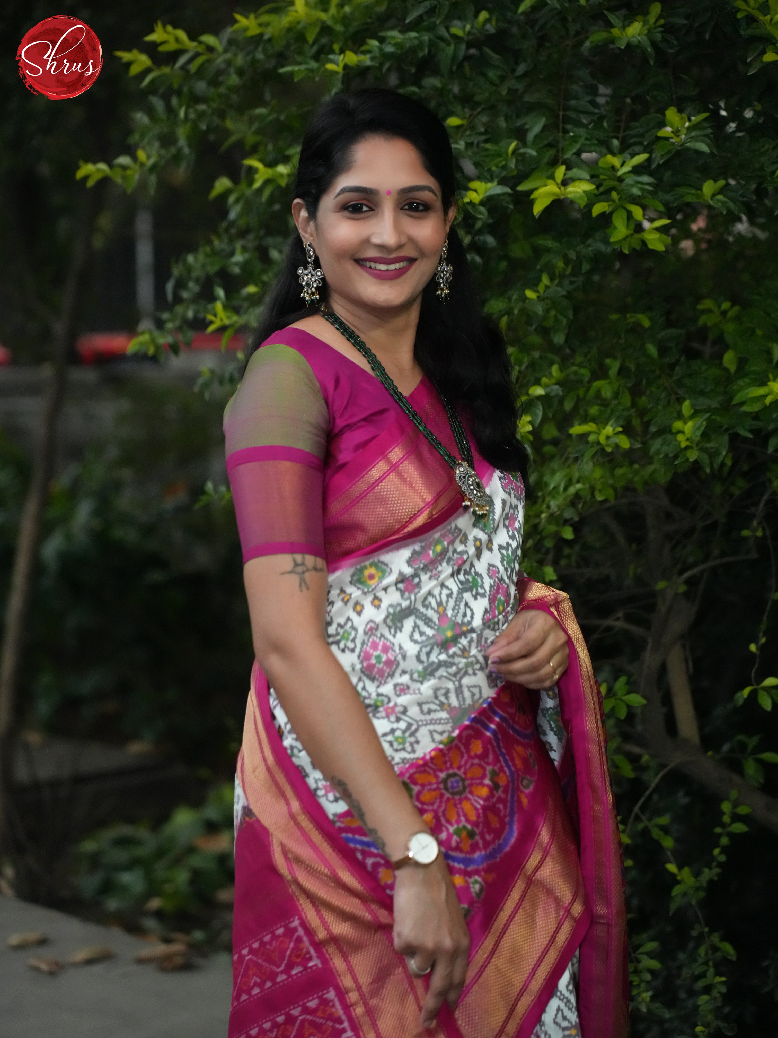 cream and pink-Ikkat Silk saree - Shop on ShrusEternity.com