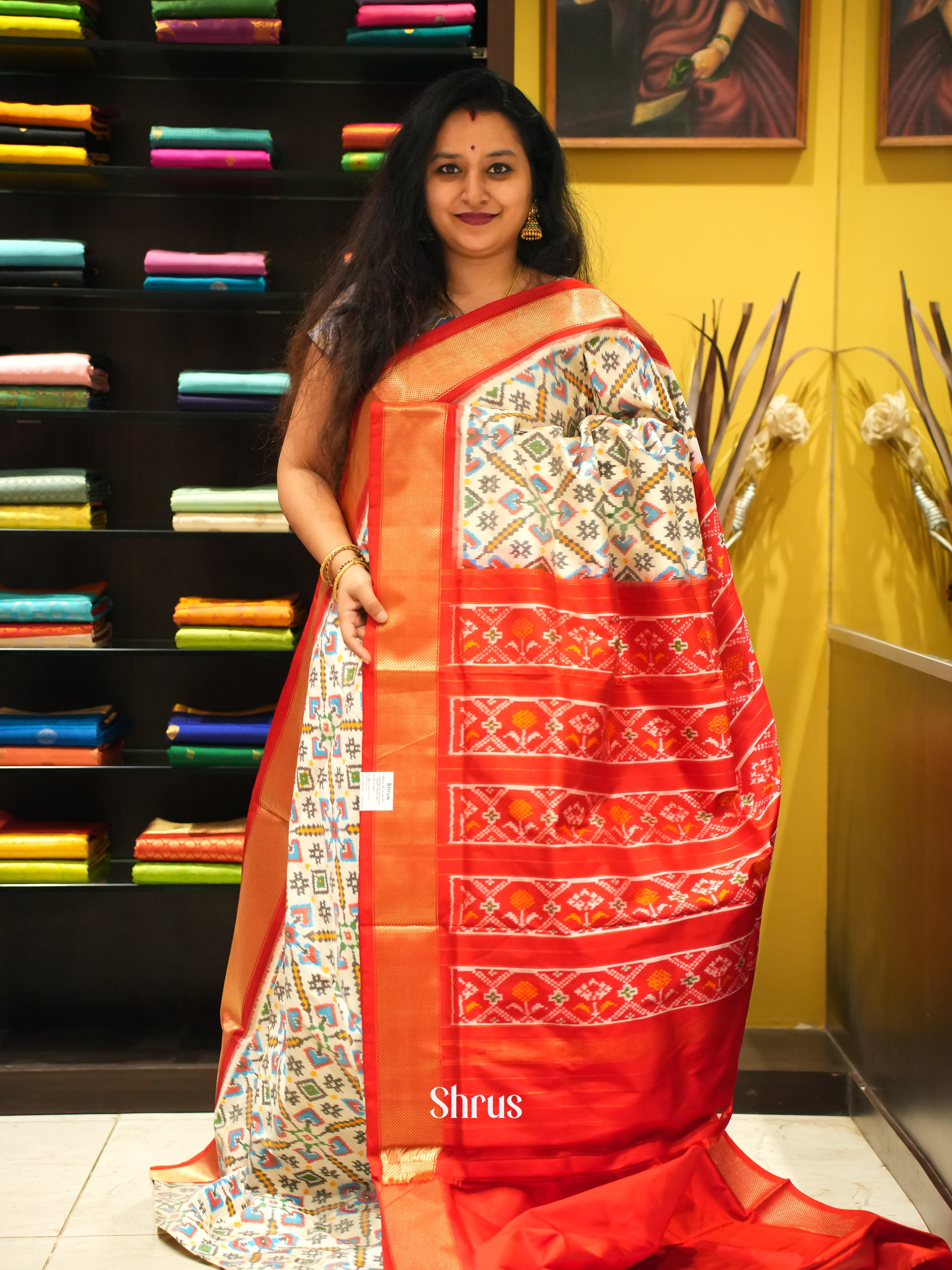 cream and Red-Ikkat Silk Saree - Shop on ShrusEternity.com