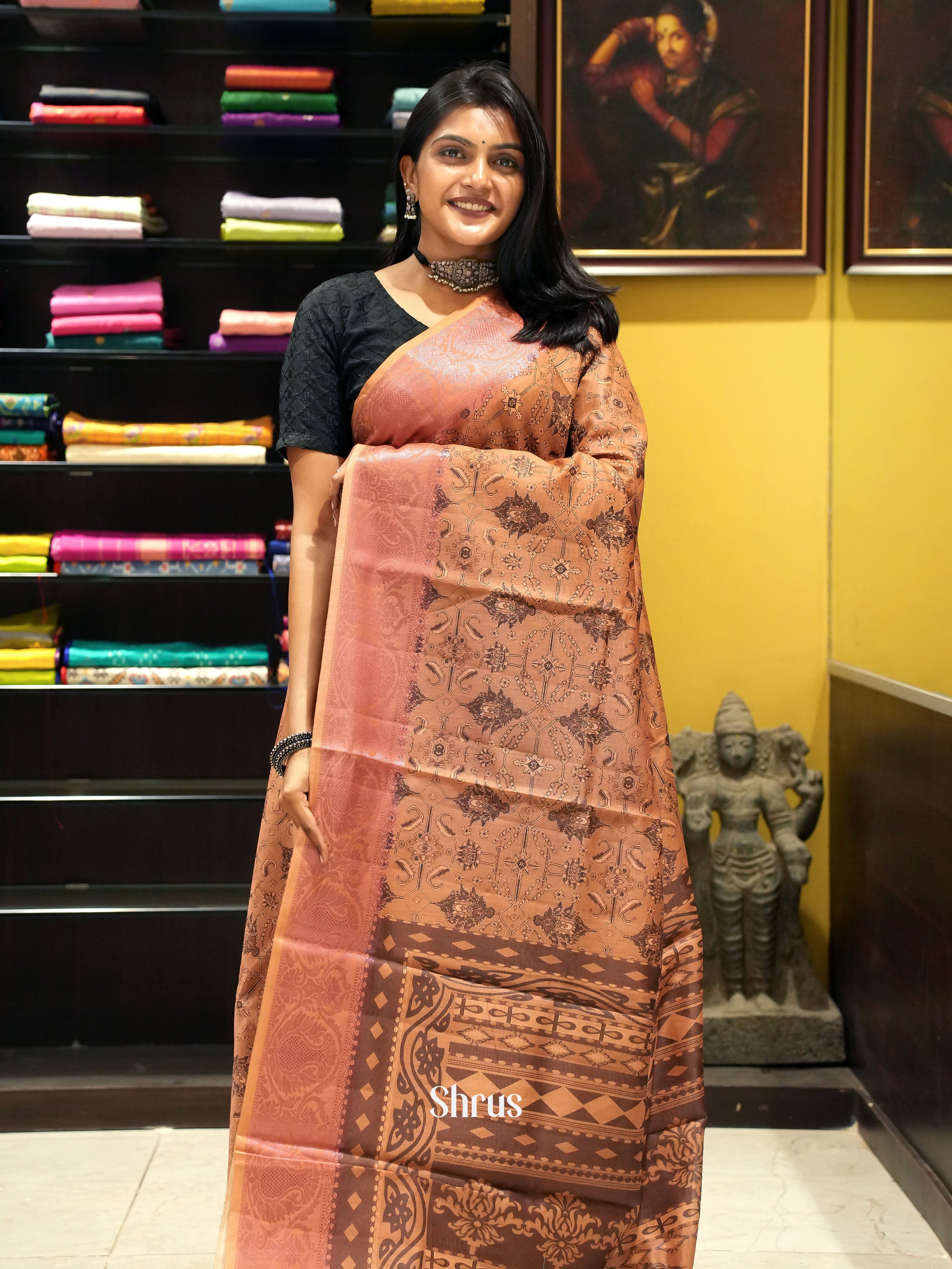 Brown & Pink - Semi chanderi Saree