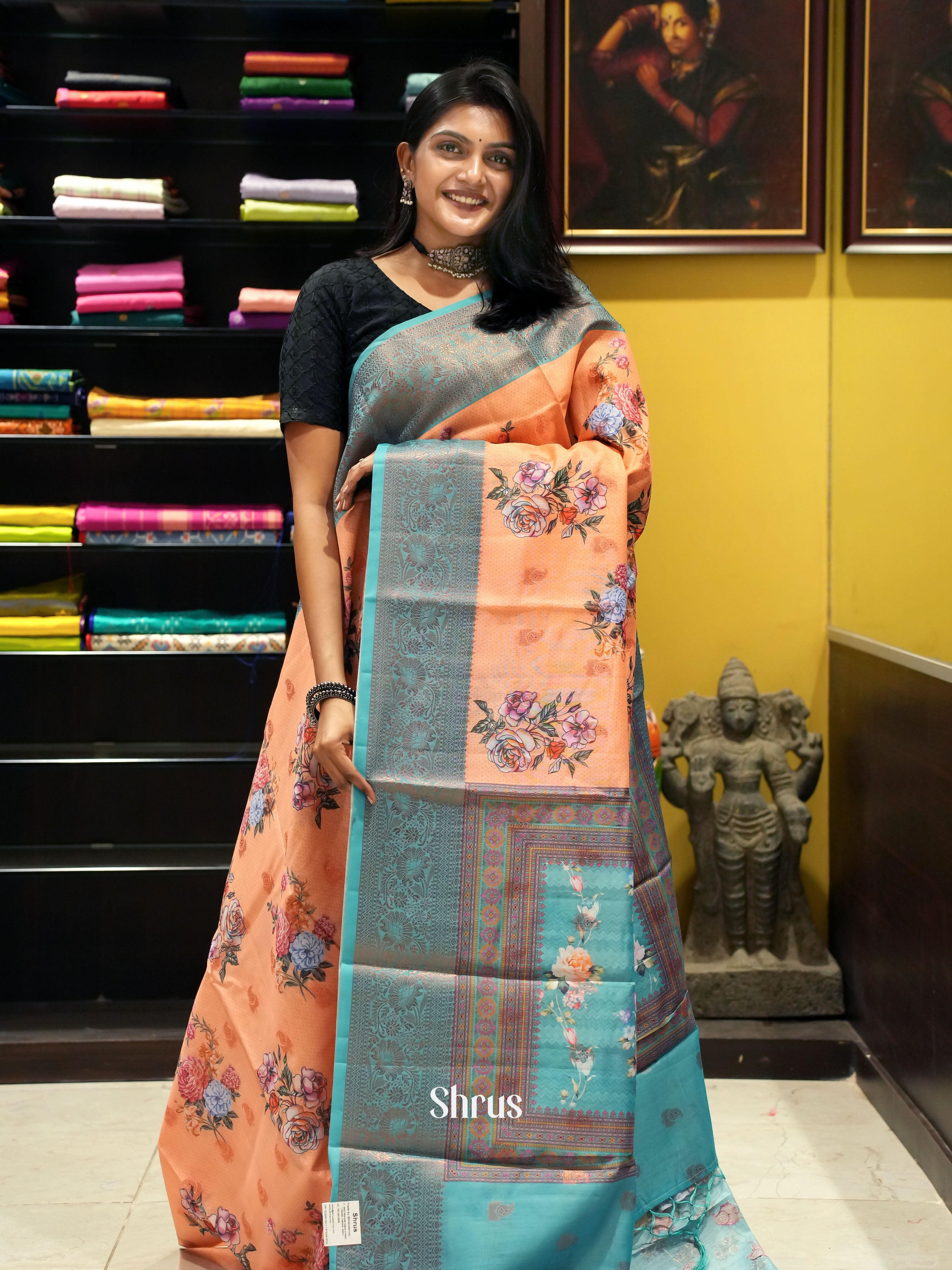 Peach & Green - Semi chanderi Saree