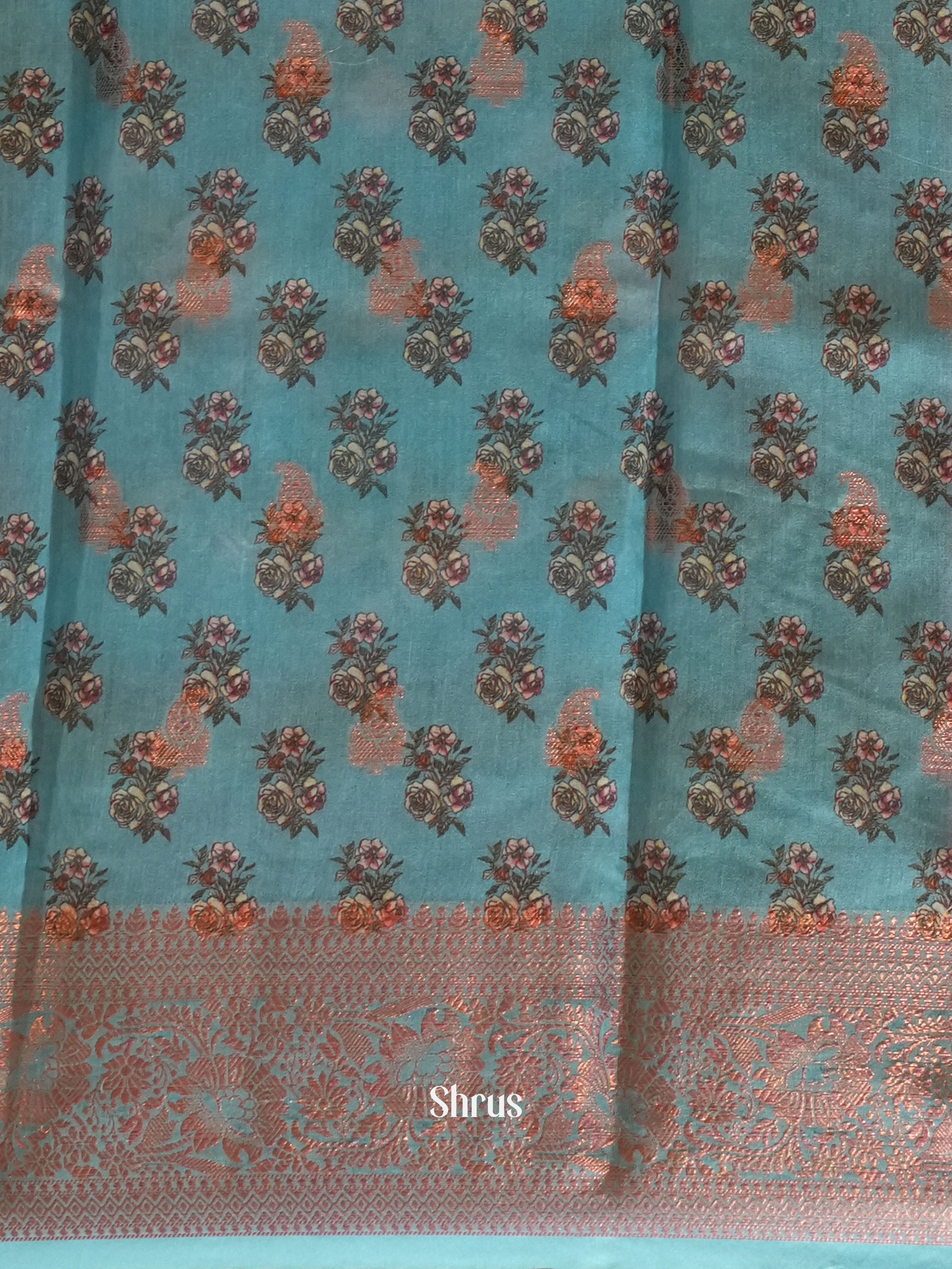 Pink & Blue - Semi Chanderi with floral print on the body & Zari Border