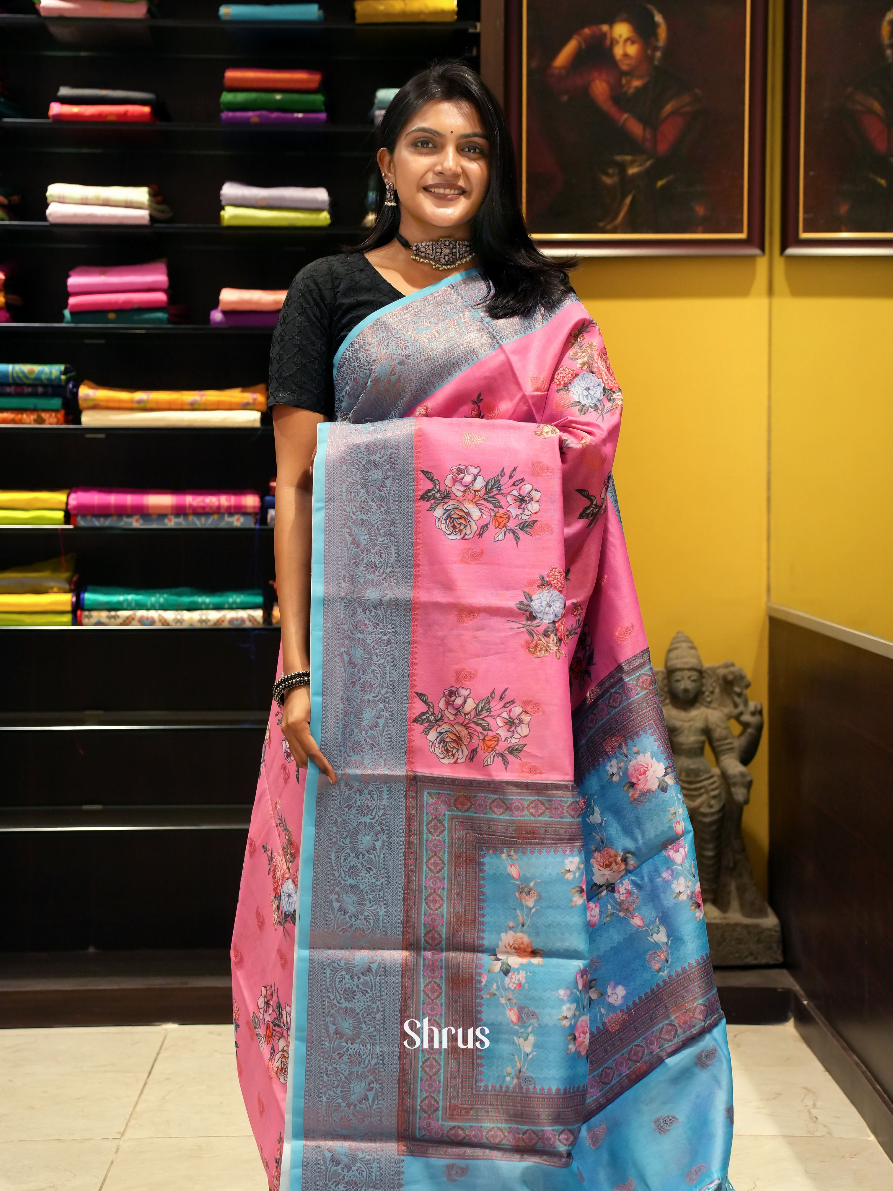 Pink & Blue - Semi Chanderi with floral print on the body & Zari Border