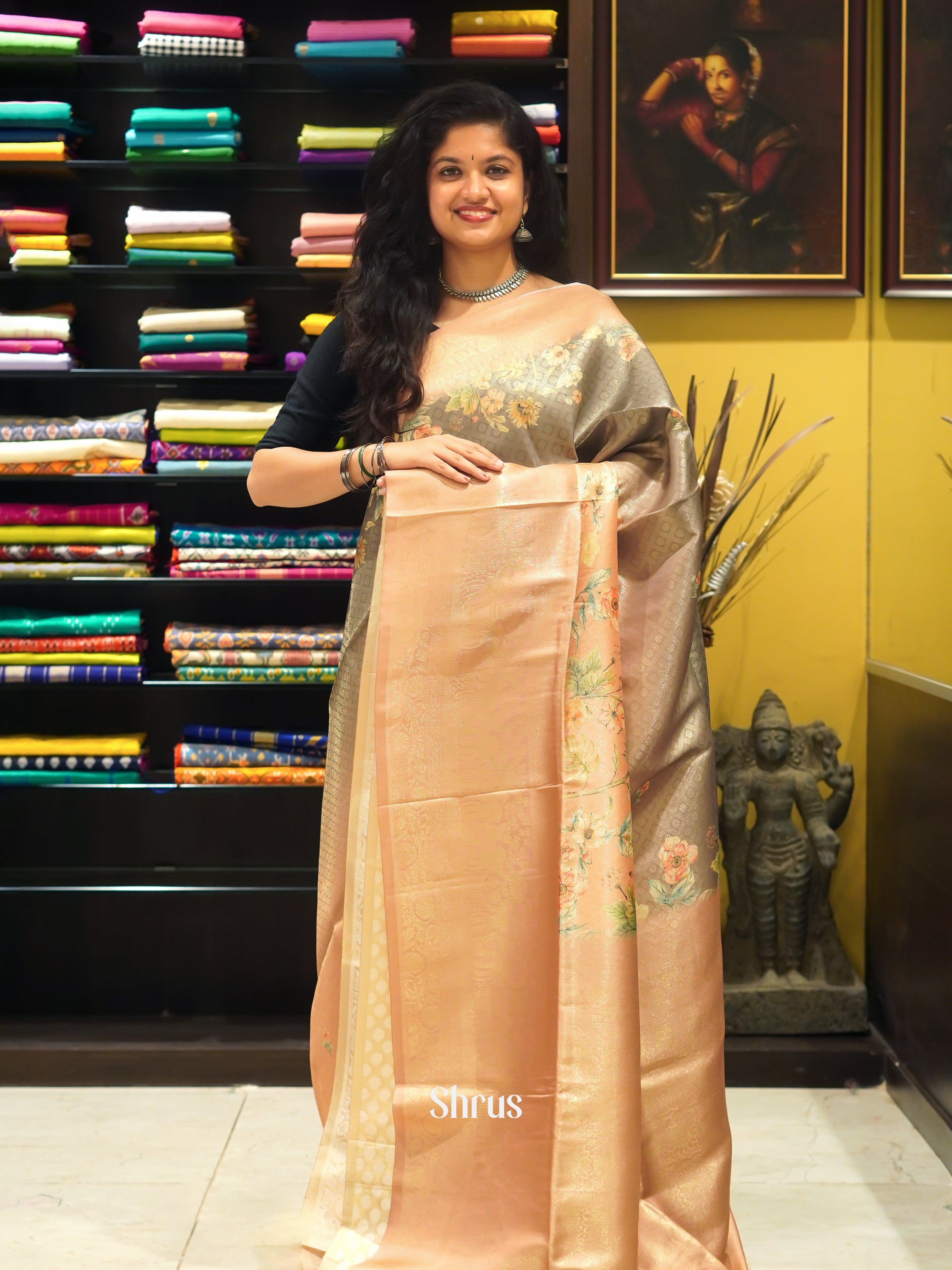 Peach & Grey- Semi Georgette Saree