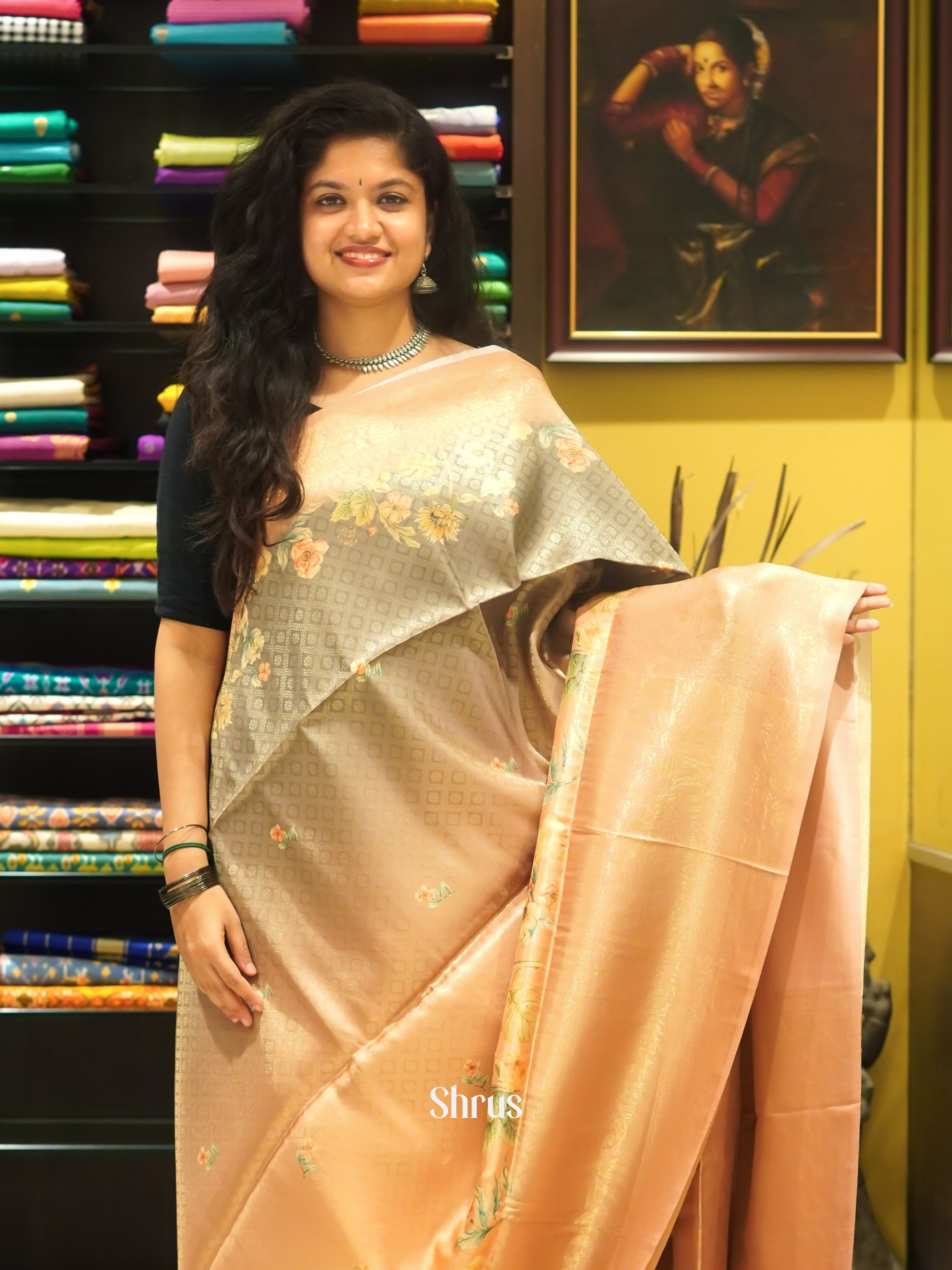 Peach & Grey- Semi Georgette Saree