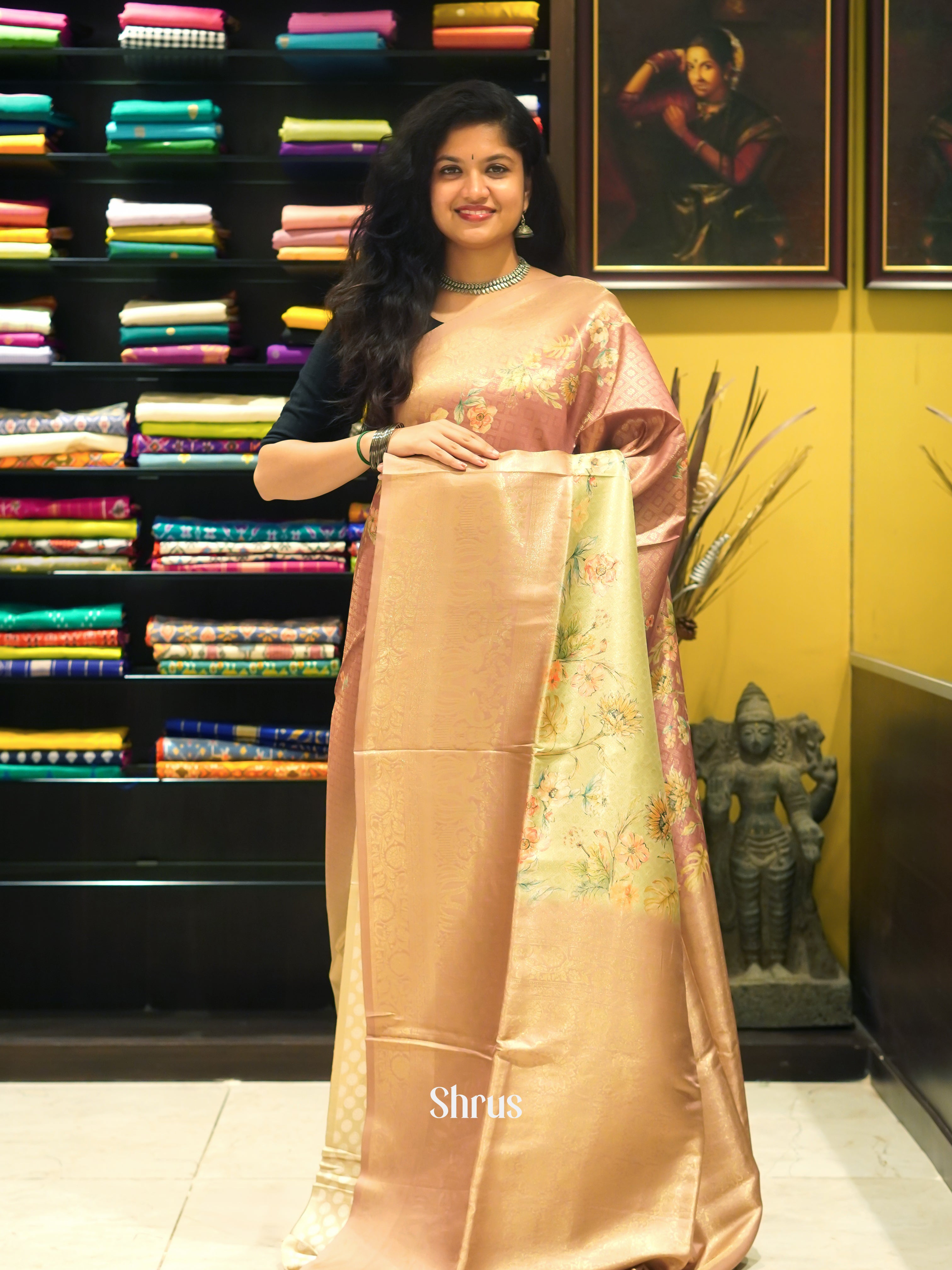 Peach & Sandal  - Semi Georgette Saree