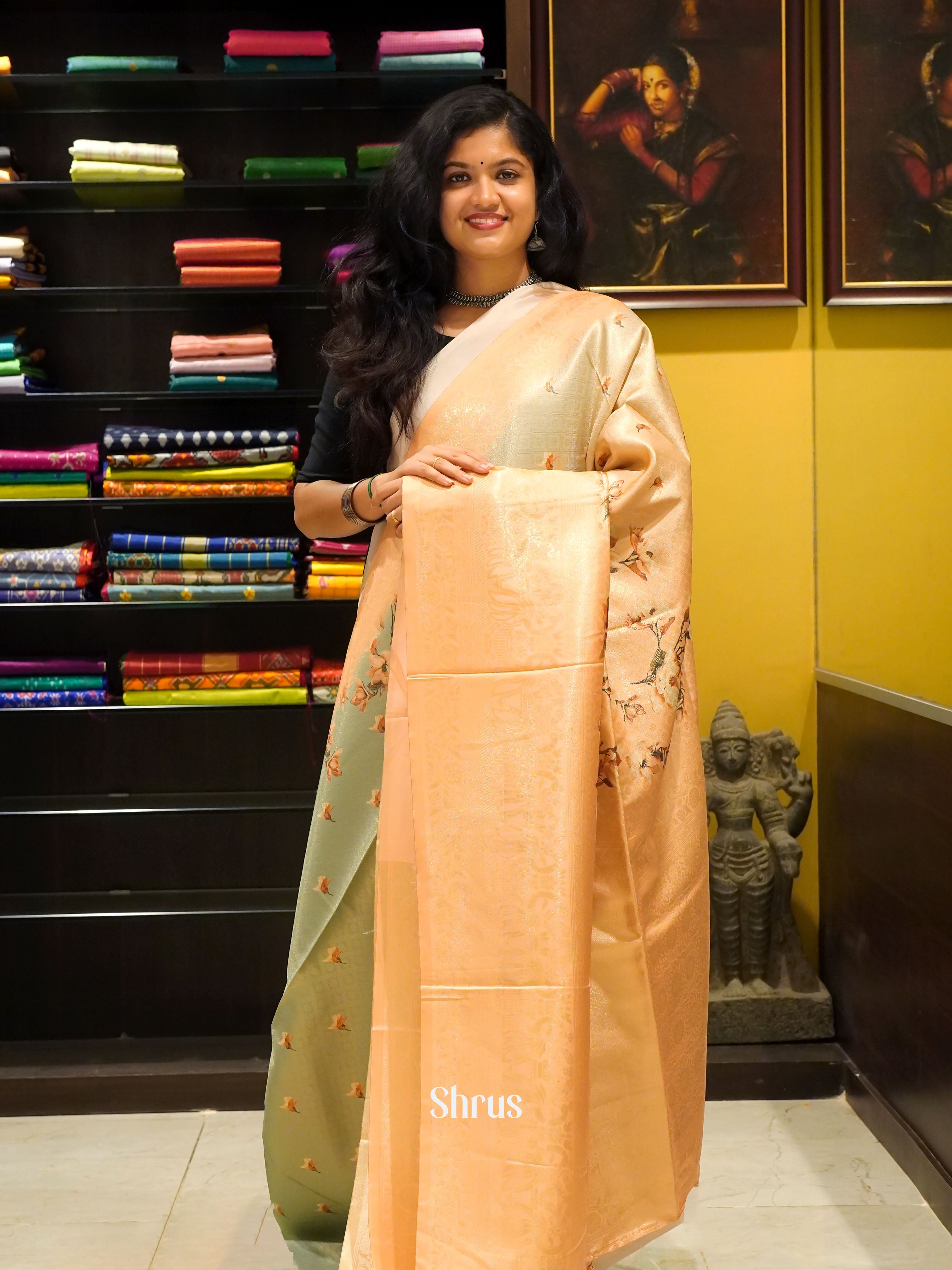 Peach & Pastel Green - Semi Georgette Saree