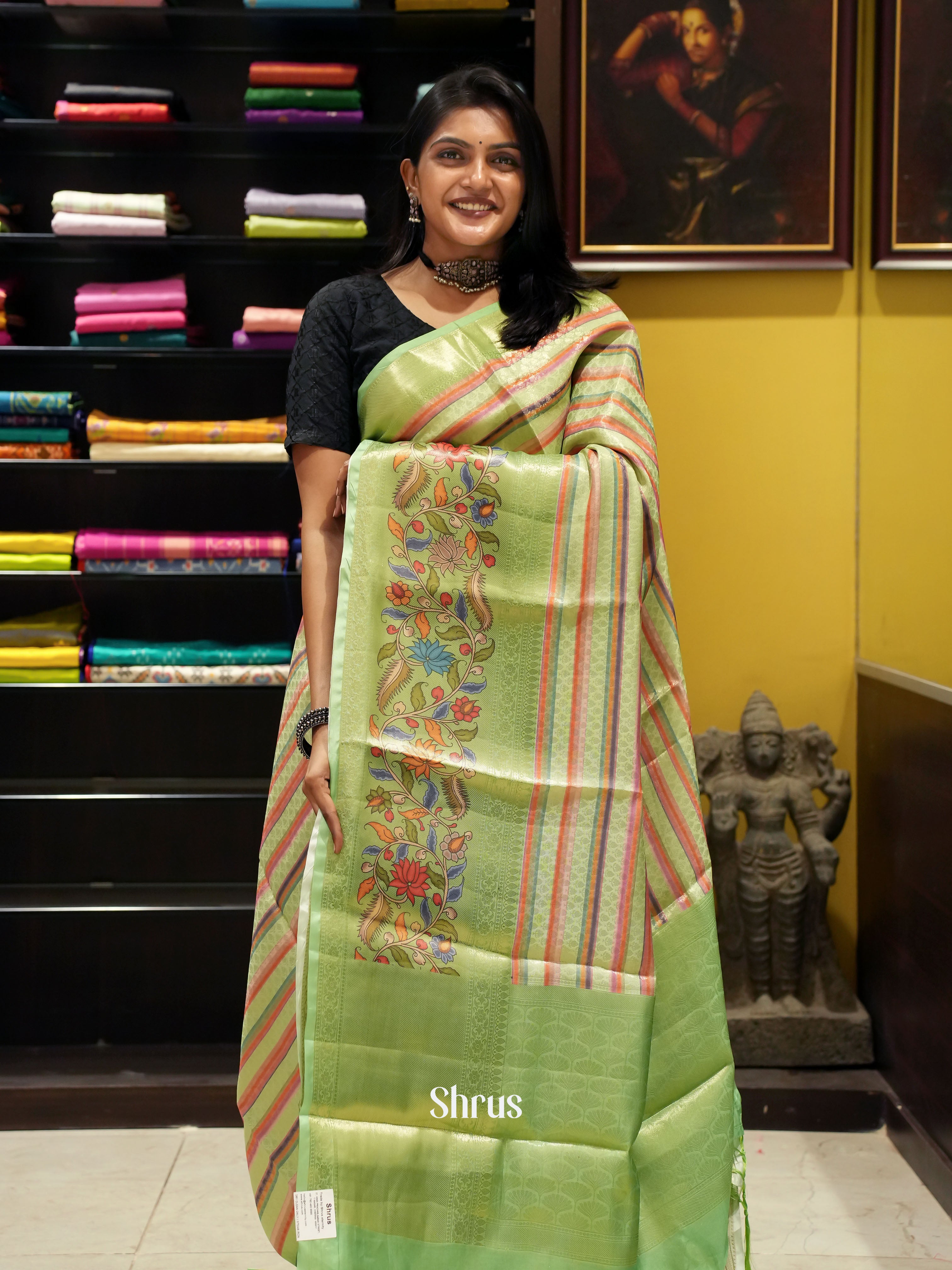 Cream & Green - Semi Dupion Saree