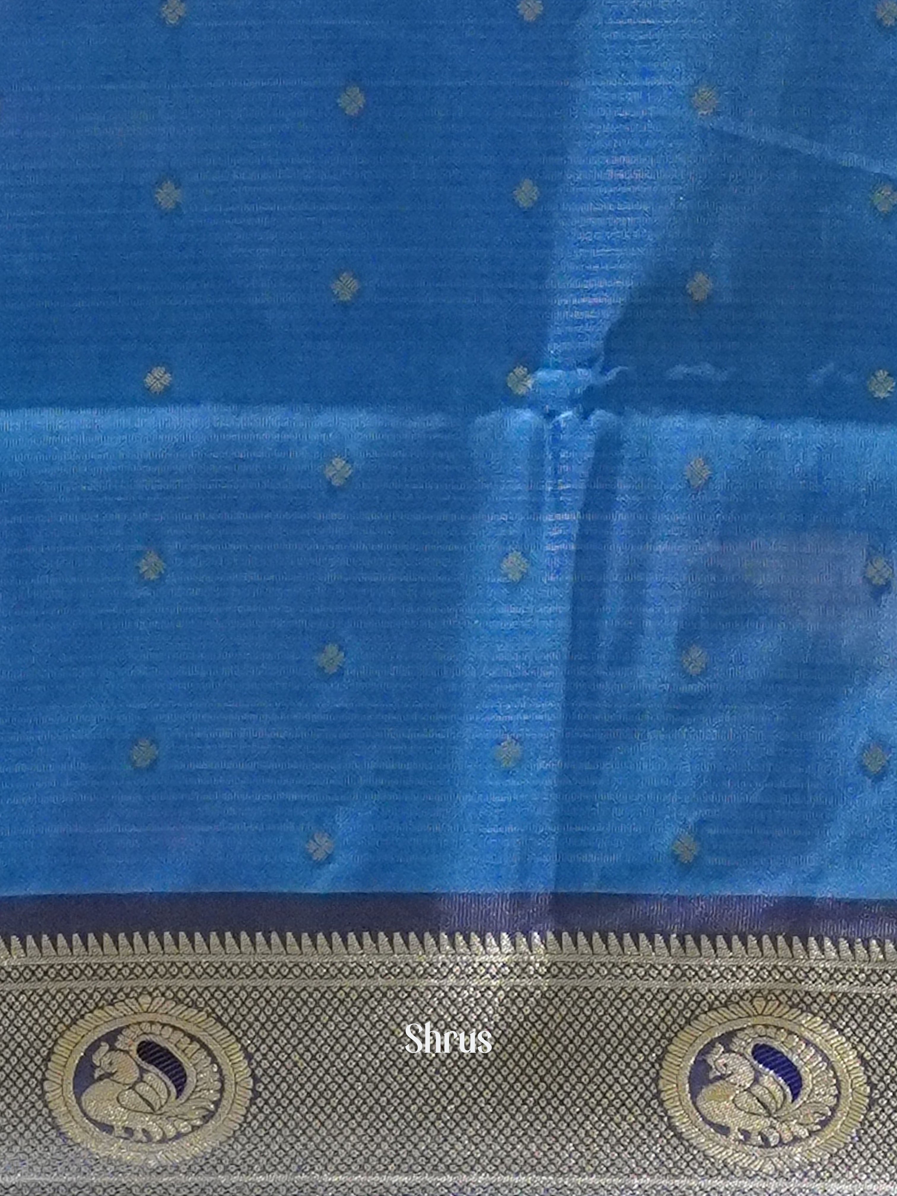 Green & Blue-Semi Paithani with art printed  body &  Zari Border