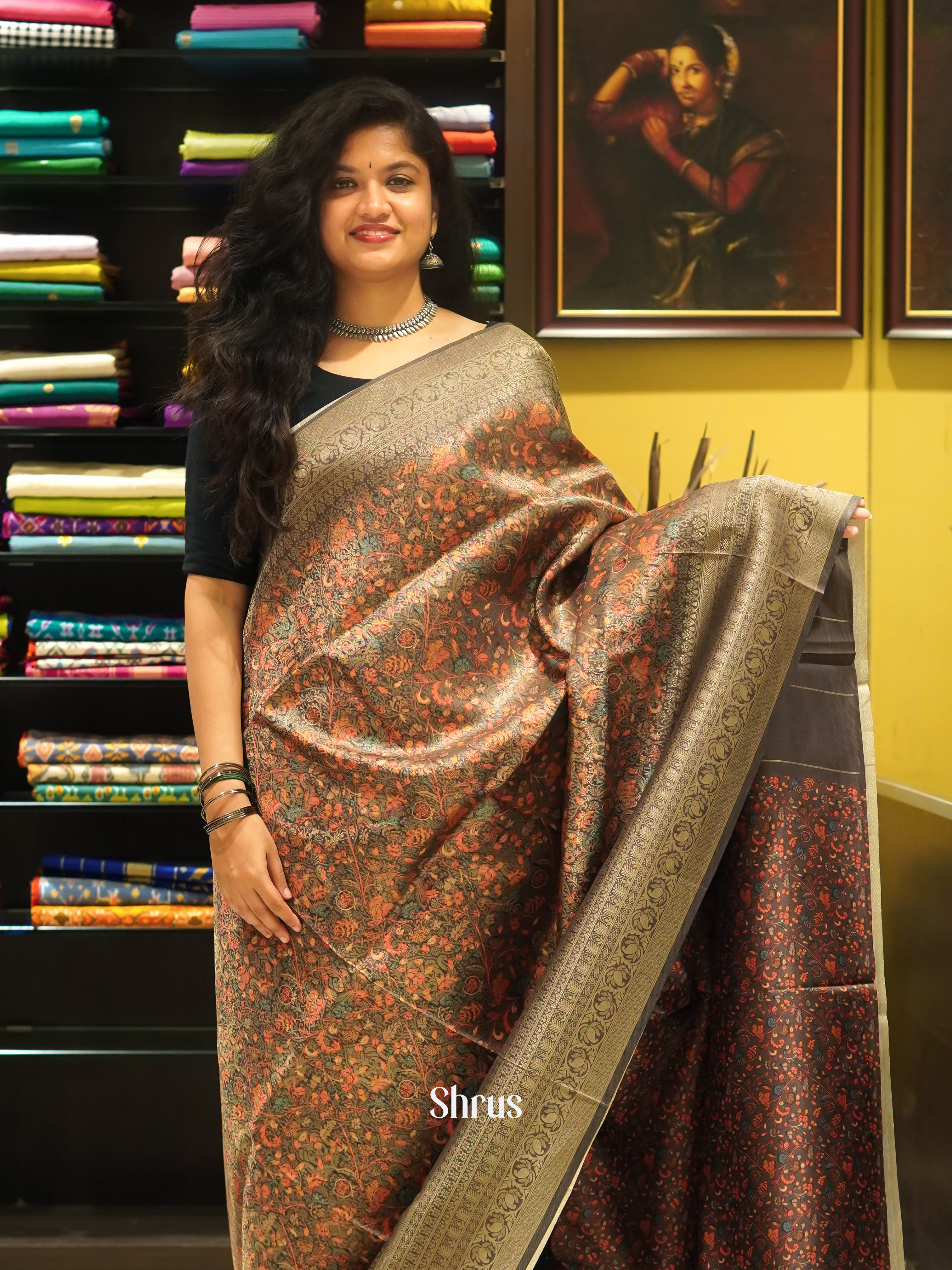 Brown(Single Tone) -Semi Georgette  with floral print on the body & Zari Border