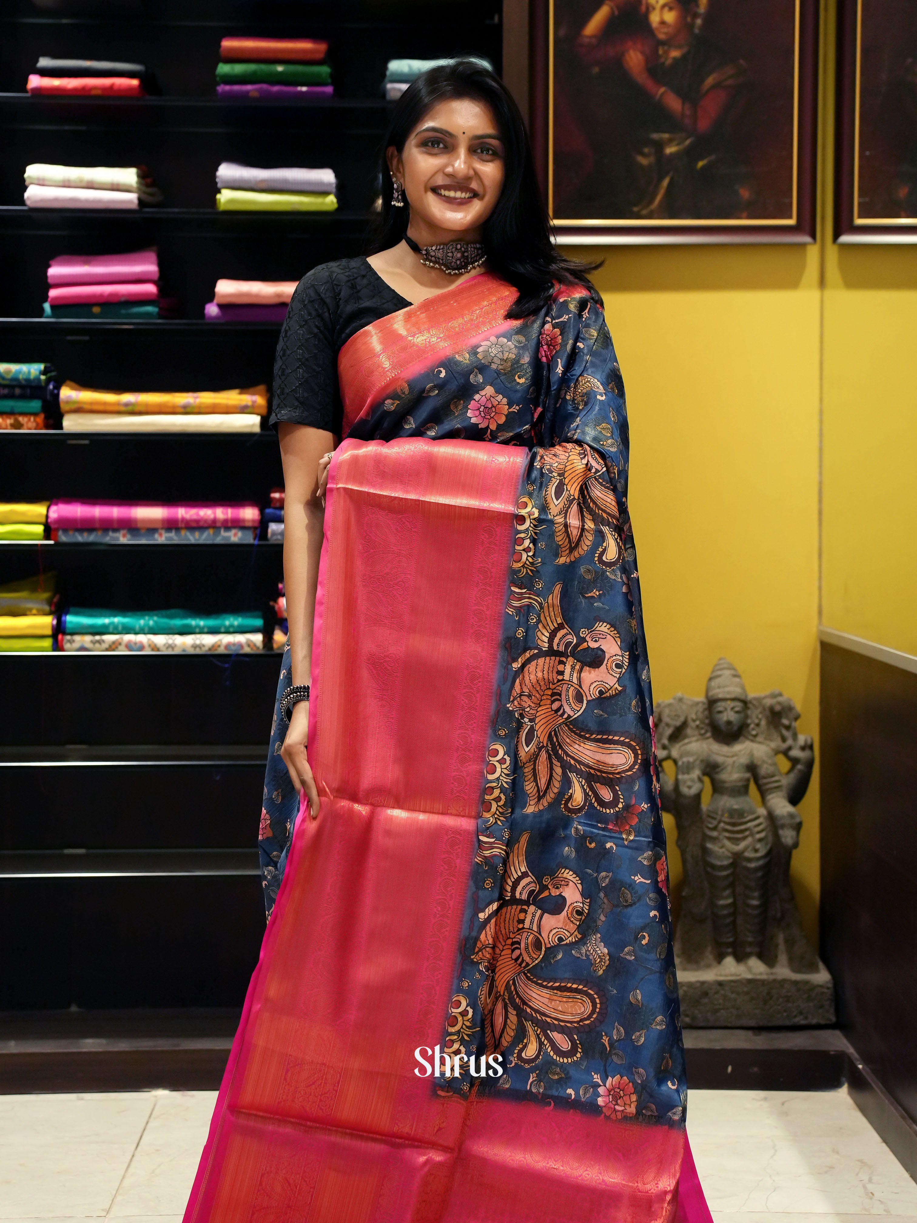 Blue & Pink - Semi Dupion Saree