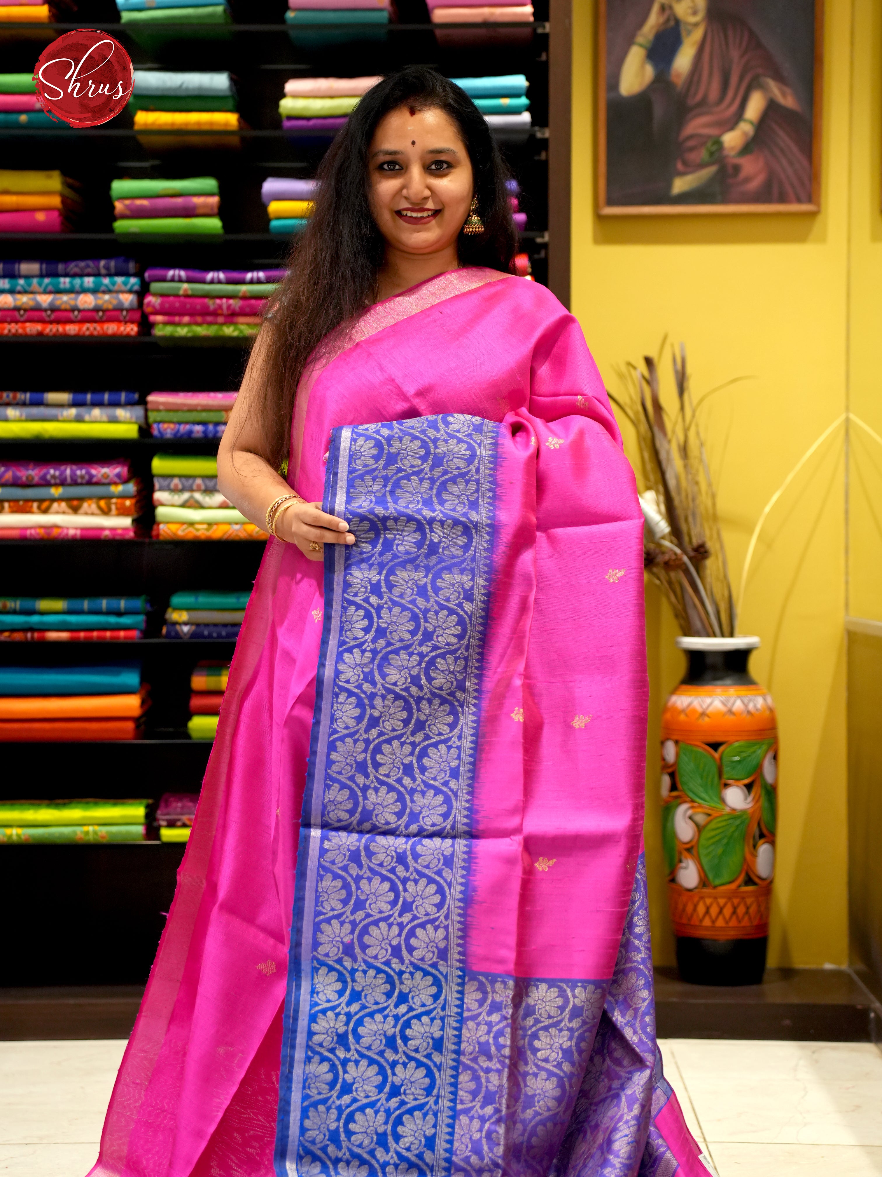 Pink & Blue - Raw Silk with zari buttas on the body & contrast Zari border - Shop on ShrusEternity.com
