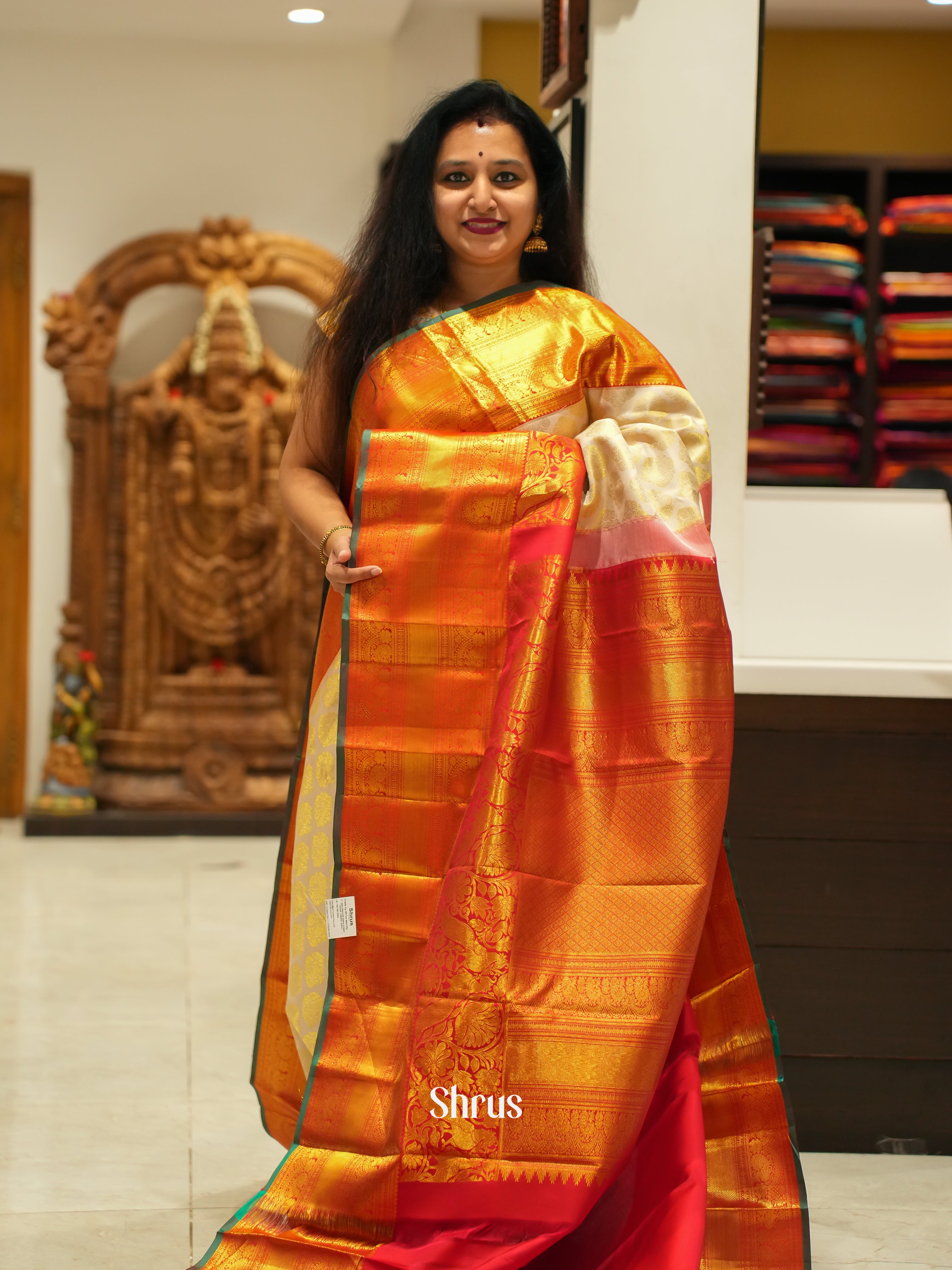 cream and Red - Korvai Kanchipuram Silk saree