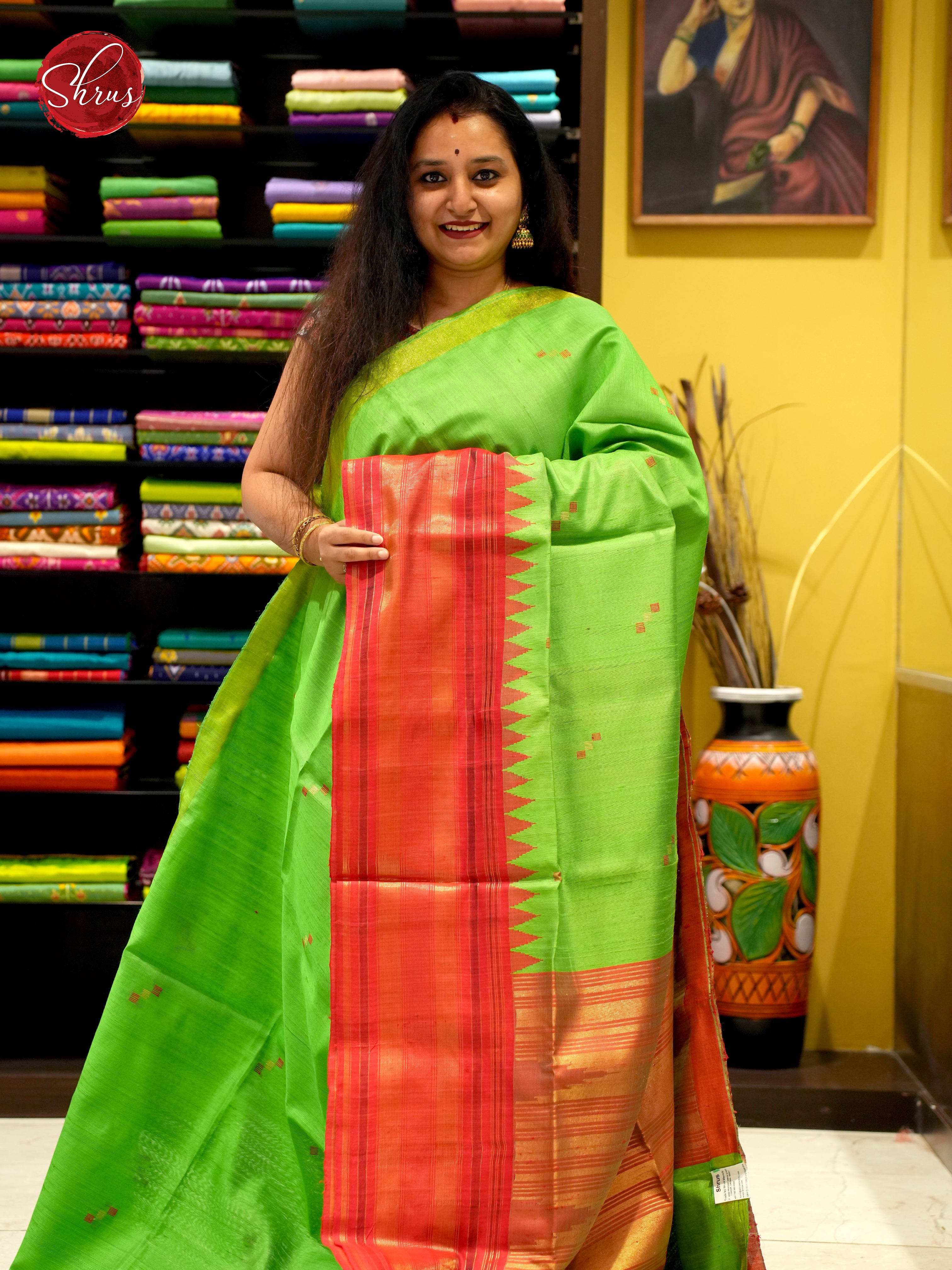 Green And Red - Raw Silk Saree - Shop on ShrusEternity.com