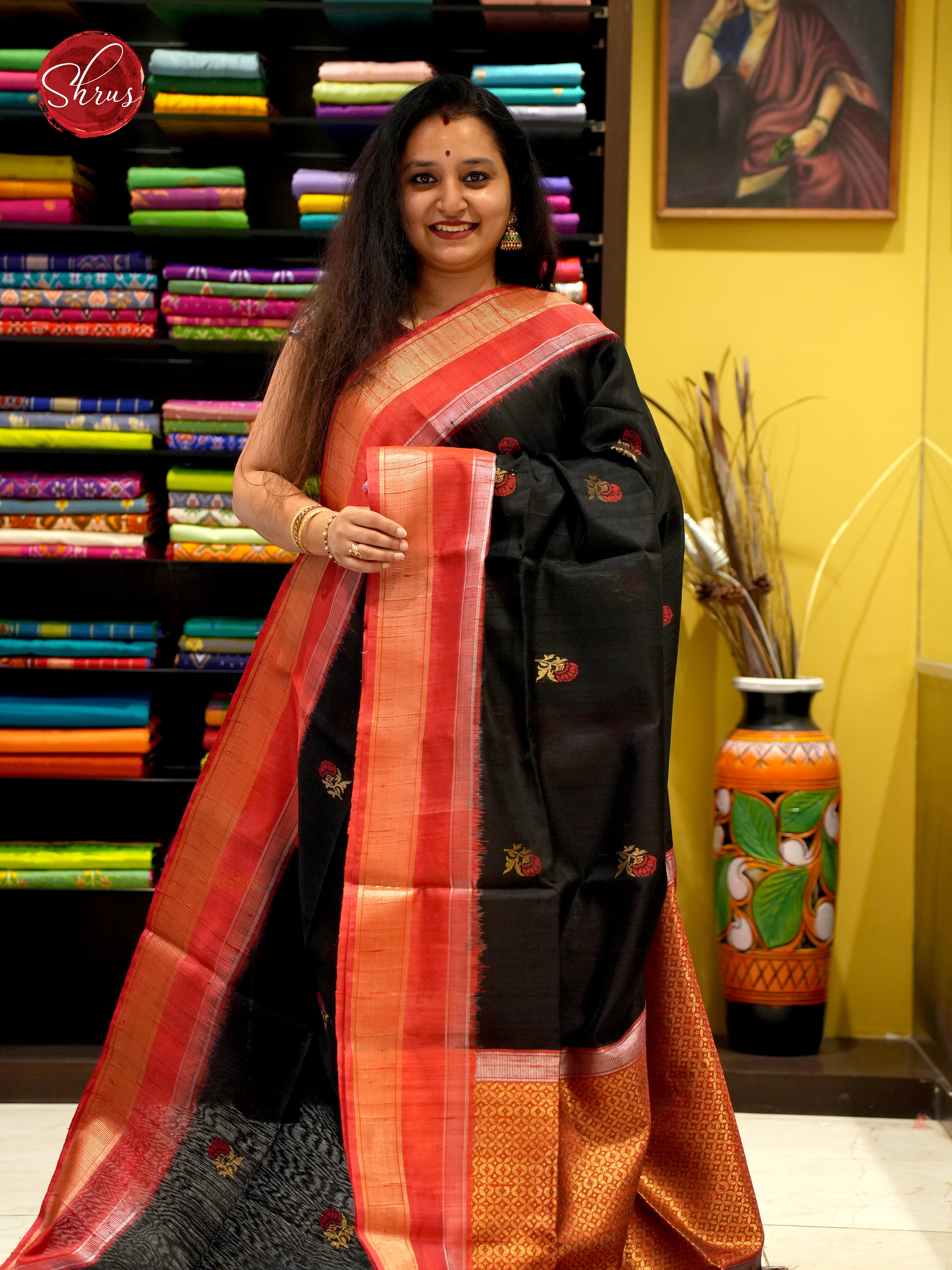 Black And Red- Raw Silk Saree - Shop on ShrusEternity.com