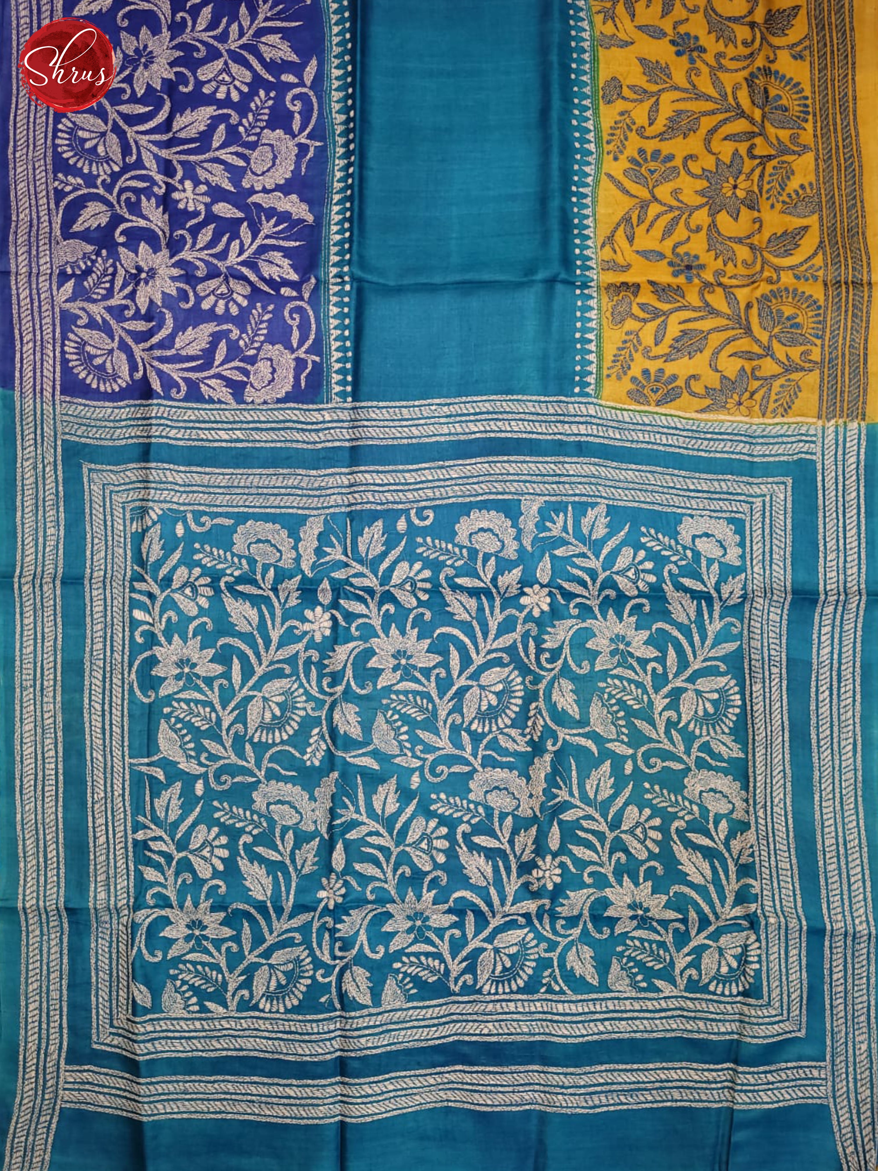Blue and yellow-Tussar saree - Shop on ShrusEternity.com
