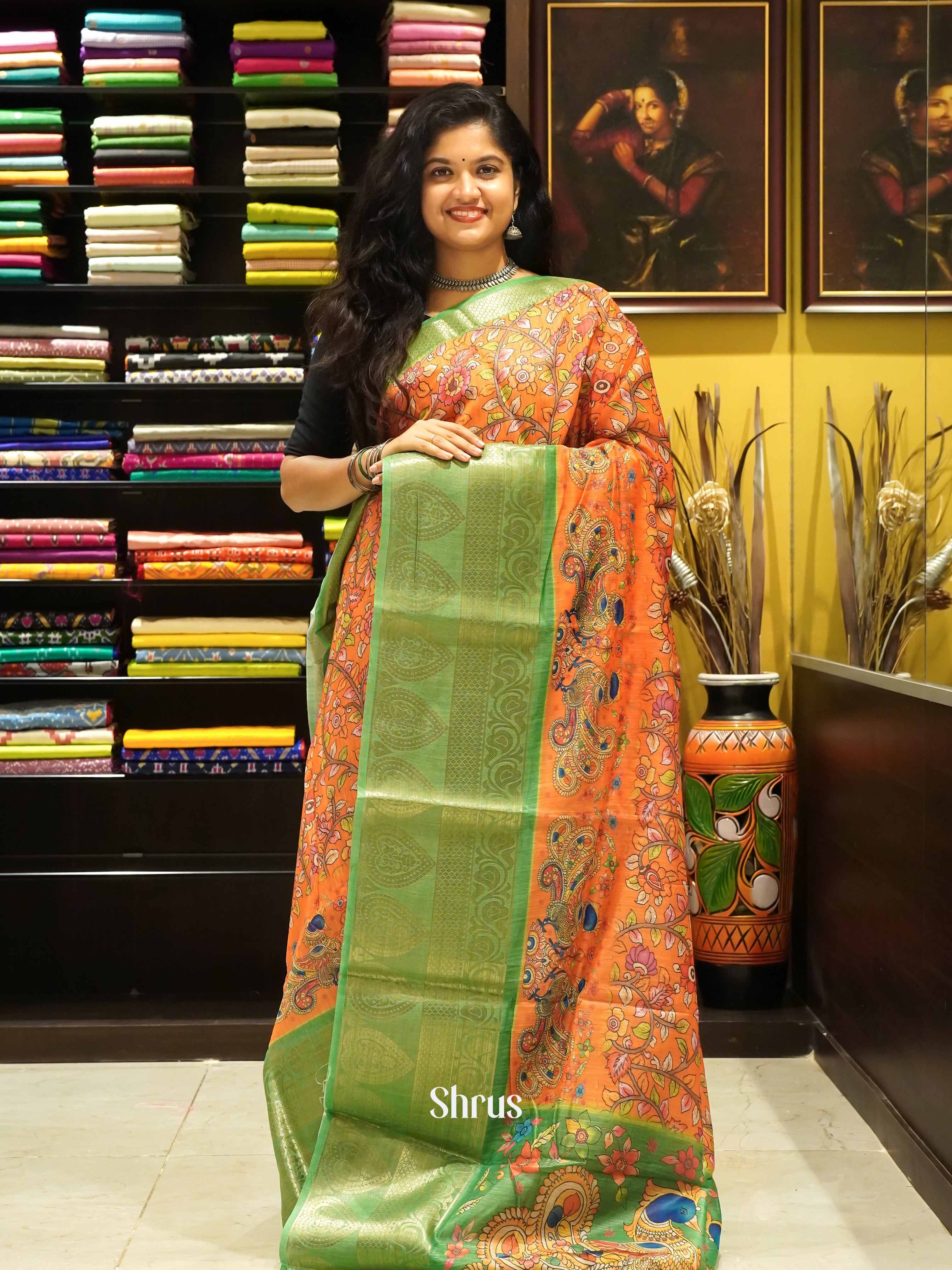 Orange & Green - Art Linen with kalamkari floral Print on the body & Contrast Zari Border