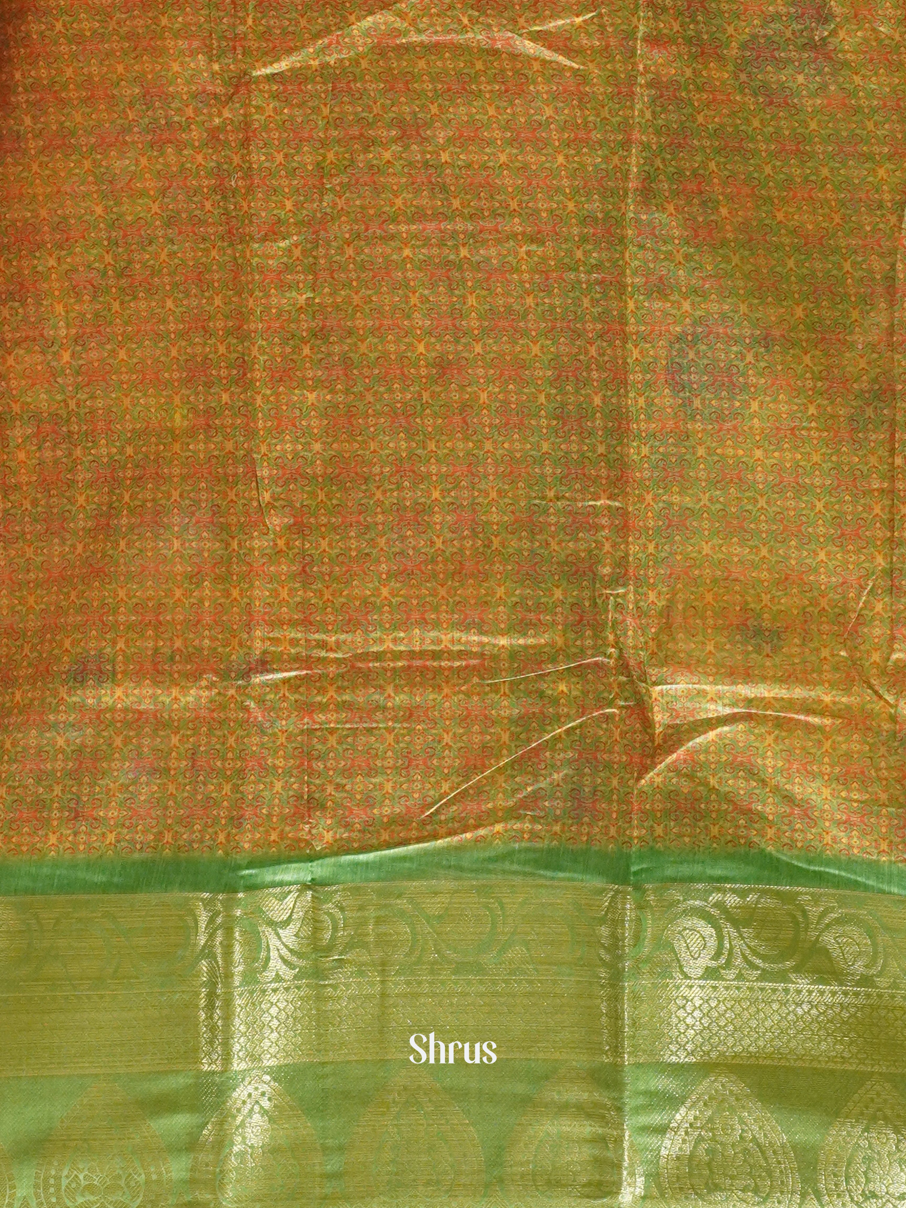 Orange & Green - Art Linen with kalamkari floral Print on the body & Contrast Zari Border