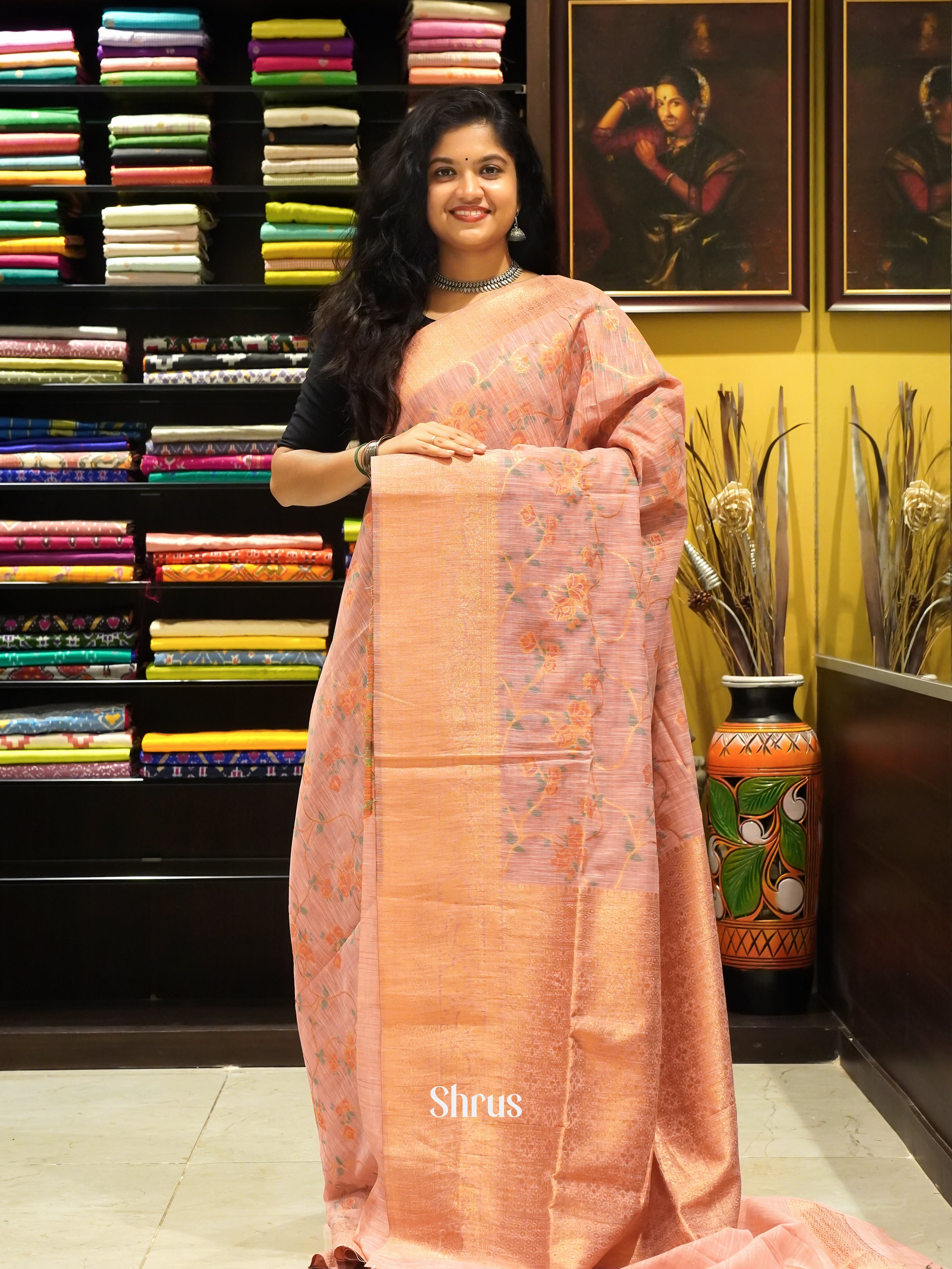 Pink(Single Tone)-Art Linen with zari woven floral print ,  brocade on the body &Zari Border