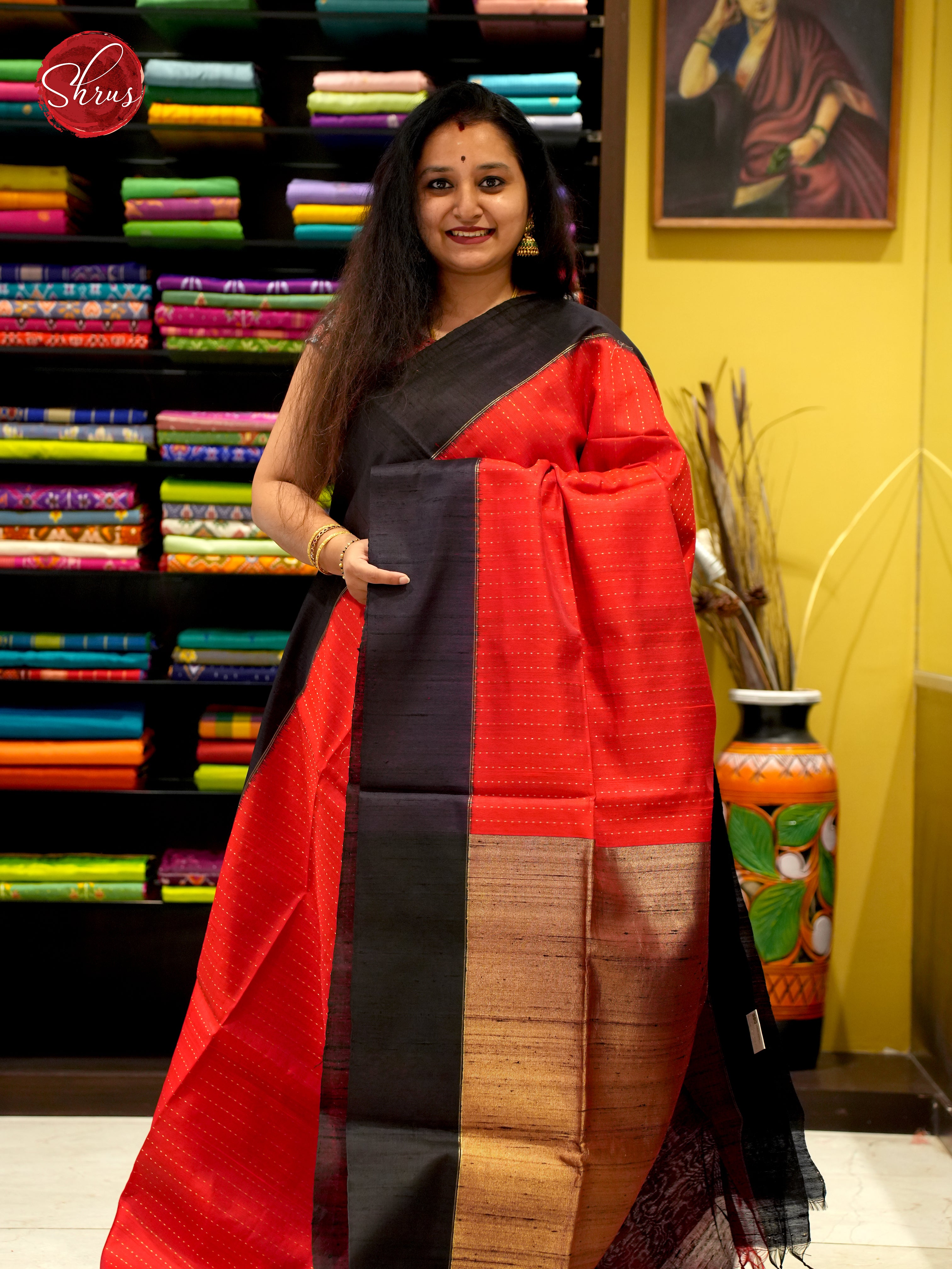 Red & Black - Raw Silk with zari woven stripes on the body & Contrast Border