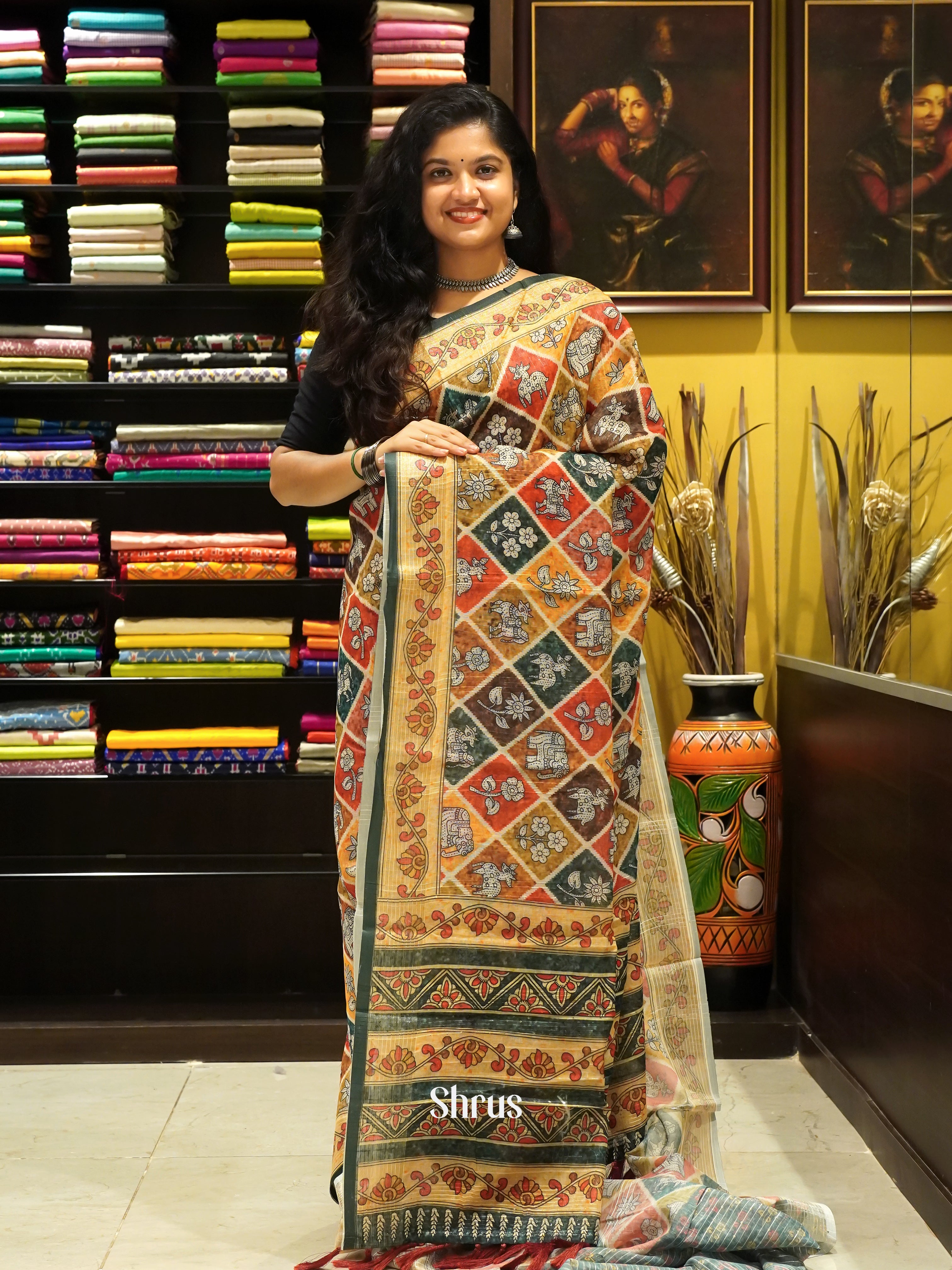 Mustard & Green- Art linen Saree