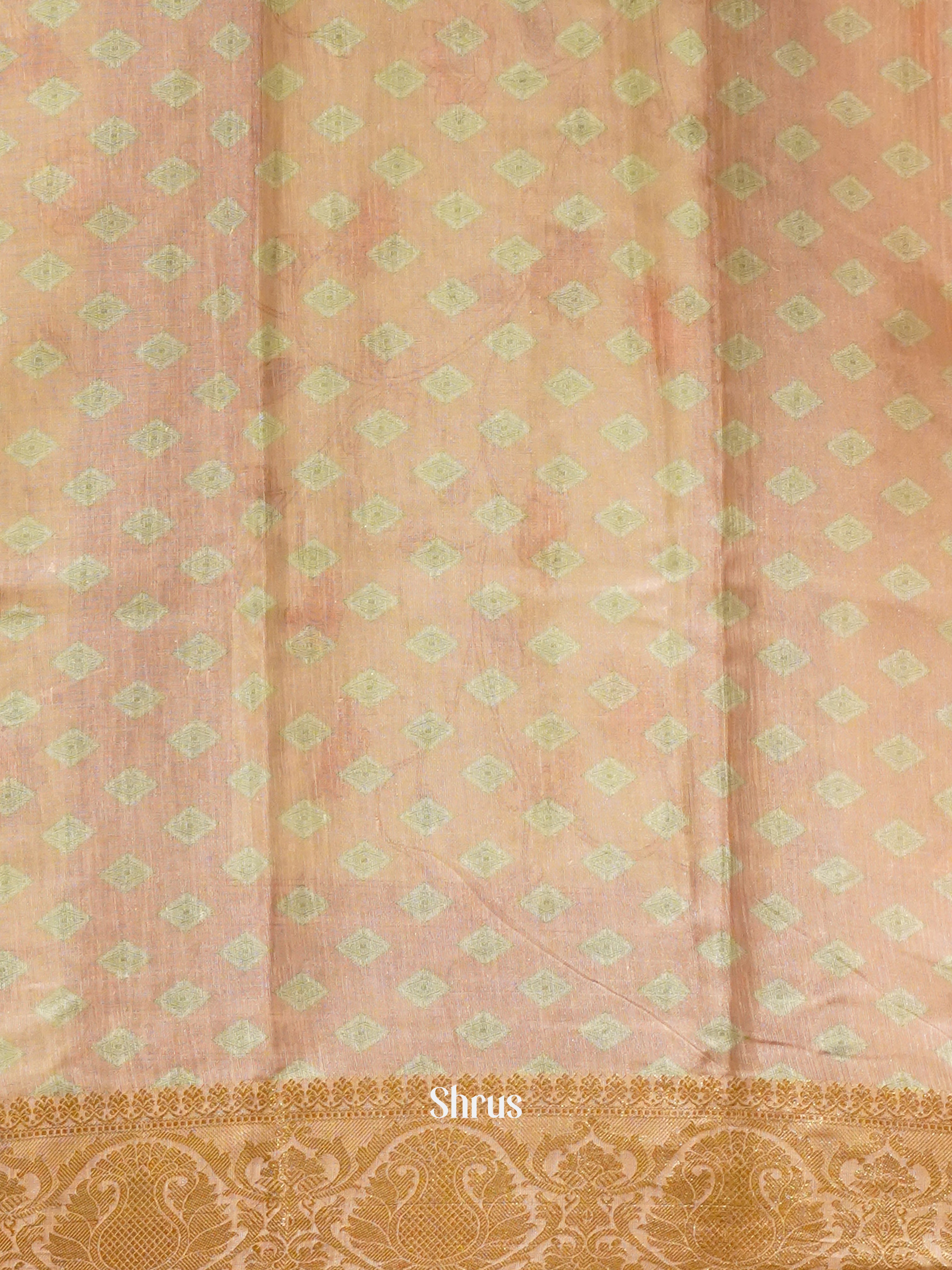 Green and Peach - Art Linen with floral print on the body and zari border