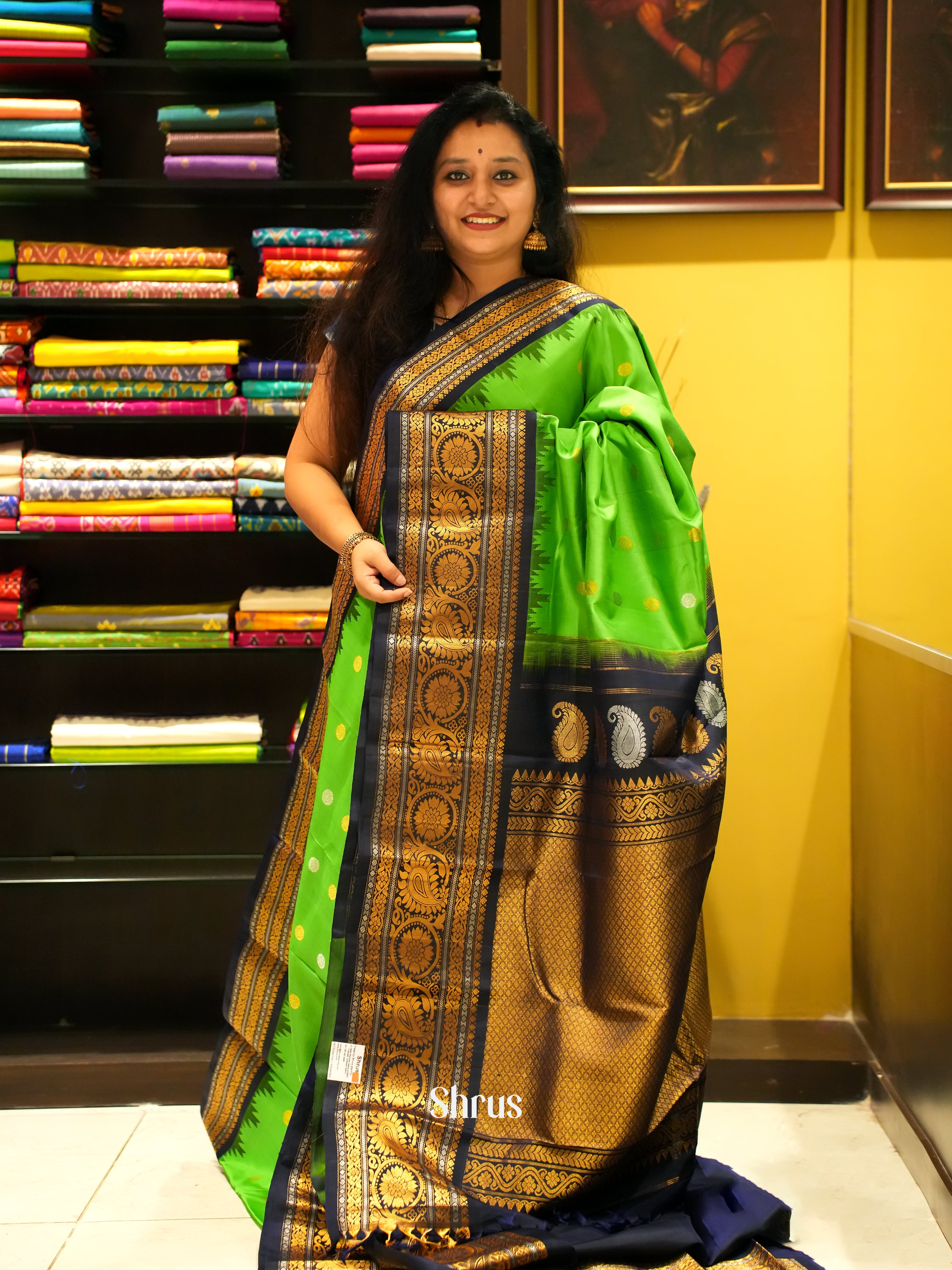 Green & Black - Gadwal Silk with gold, silver zari woven round buttas on the body & Contrast Zari Border