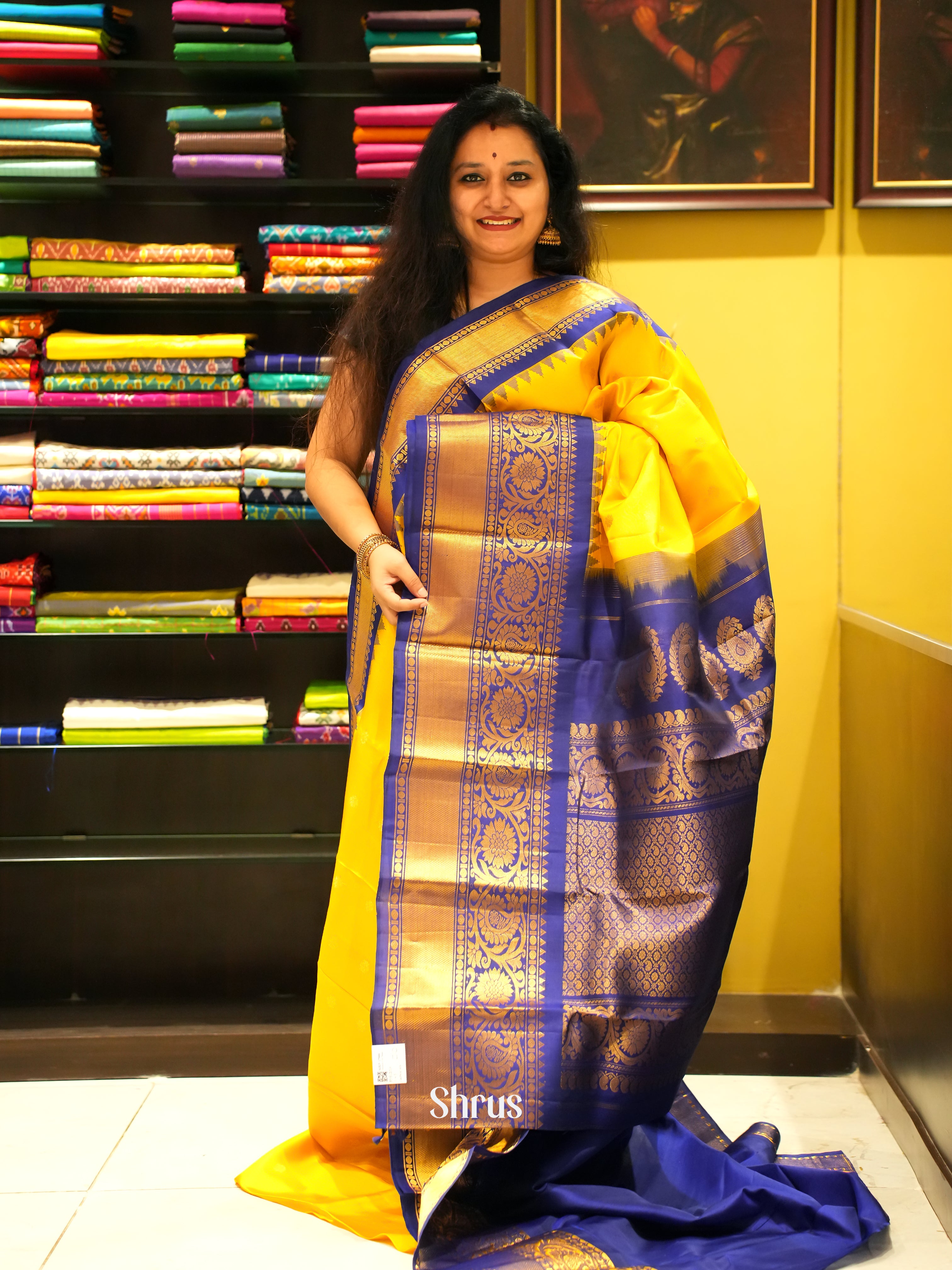 Mustard And Blue - Gadwal Silk Saree