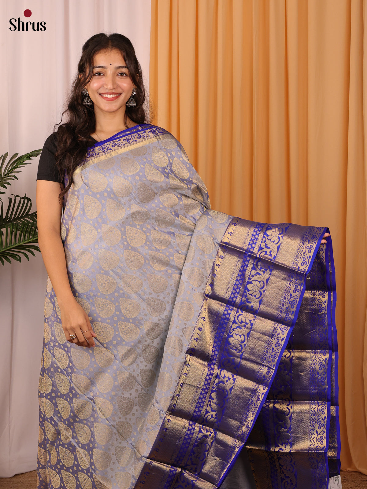 Grey & Blue -  Kanchipuram (Half Pure) Saree with zari woven floral motifs on the body & contrast  Zari Border