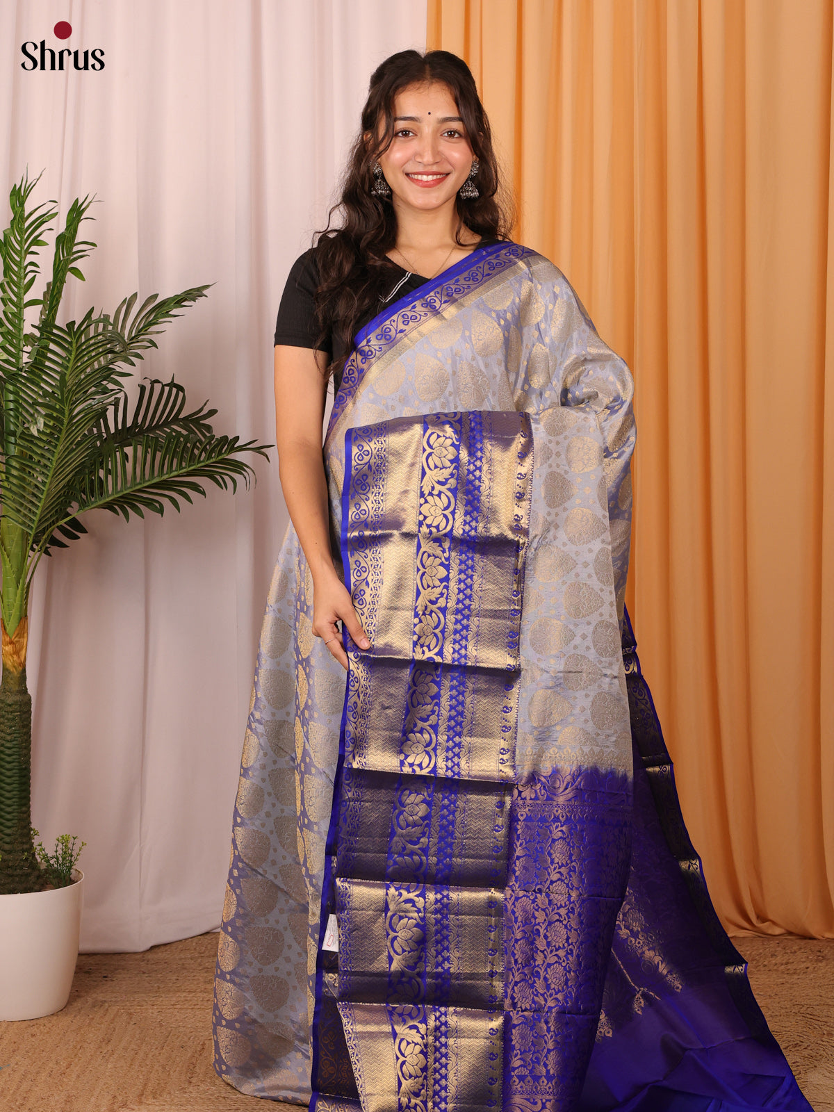 Grey & Blue -  Kanchipuram (Half Pure) Saree with zari woven floral motifs on the body & contrast  Zari Border