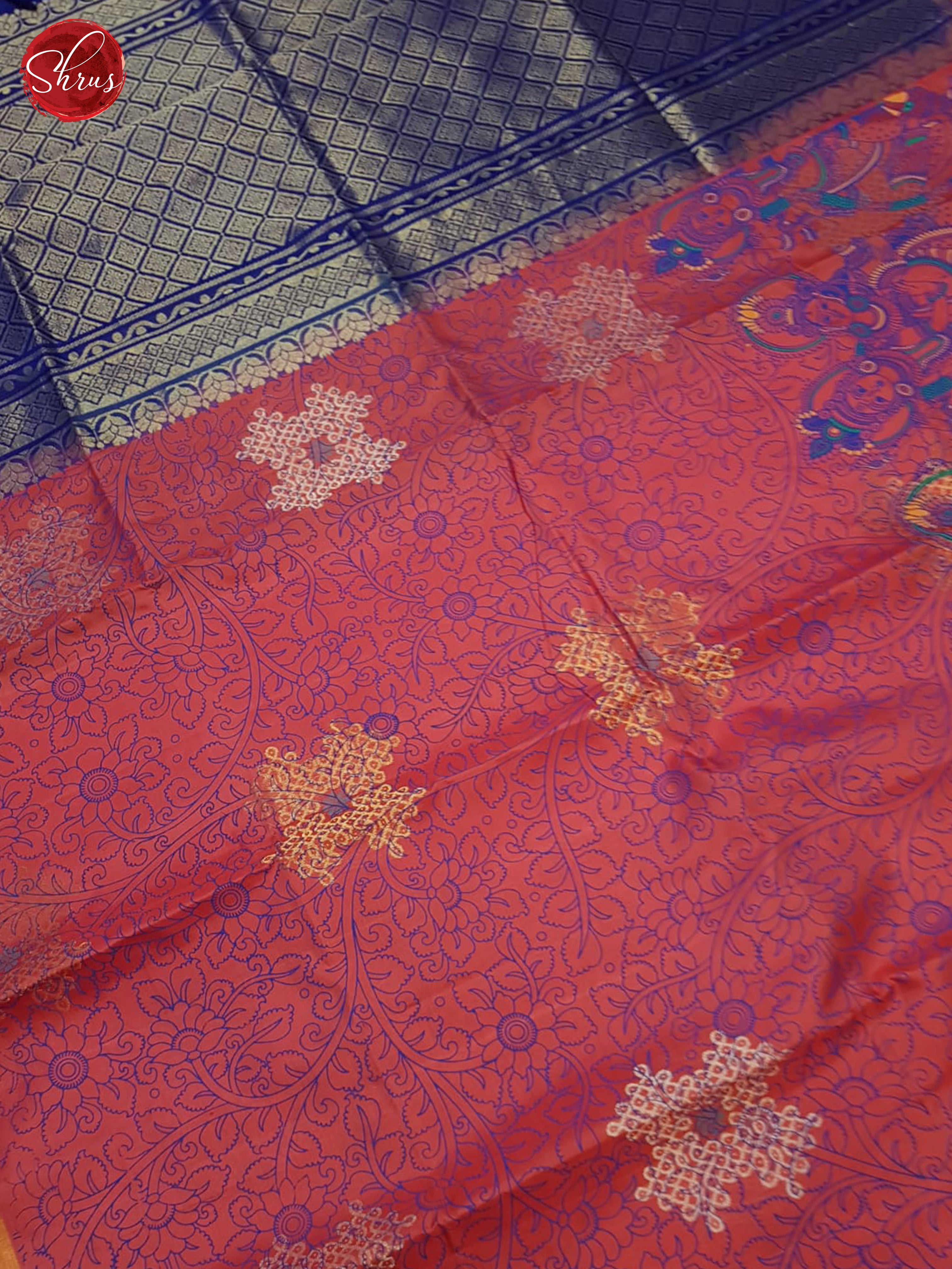 Red & Blue- Borderless Soft Silk with gold , silver zari Kolam motifs on the body - Shop on ShrusEternity.com