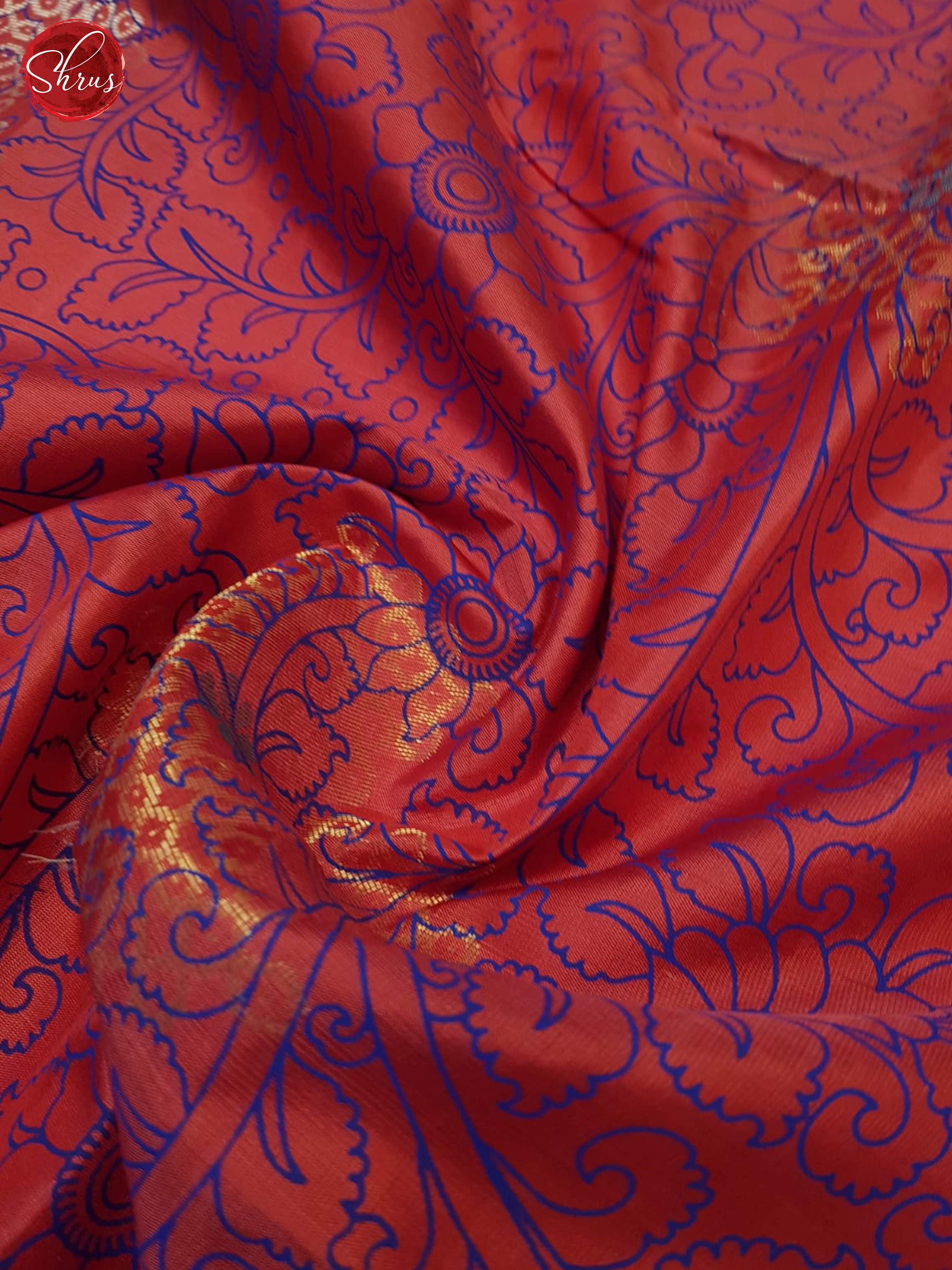 Red & Blue- Borderless Soft Silk with gold , silver zari Kolam motifs on the body - Shop on ShrusEternity.com