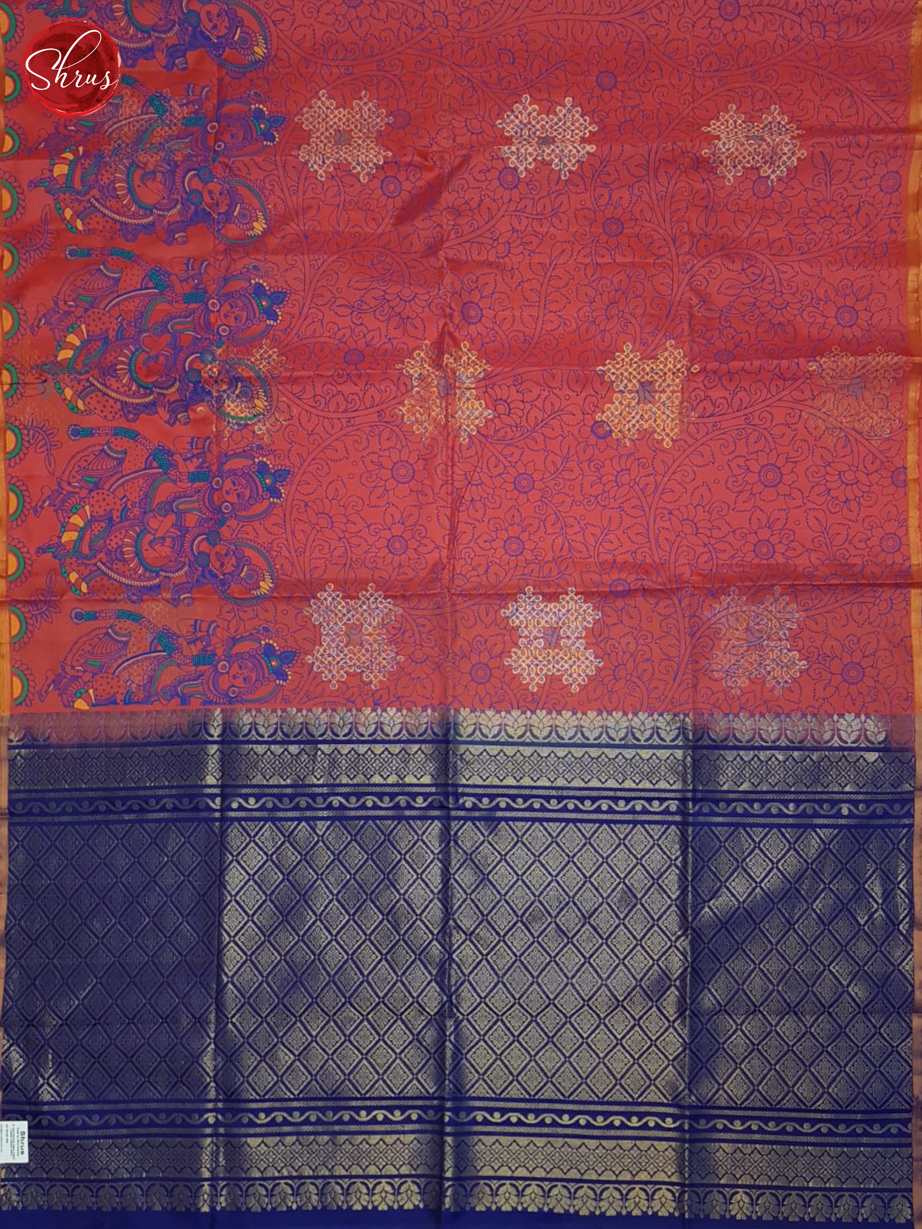Red & Blue- Borderless Soft Silk with gold , silver zari Kolam motifs on the body - Shop on ShrusEternity.com