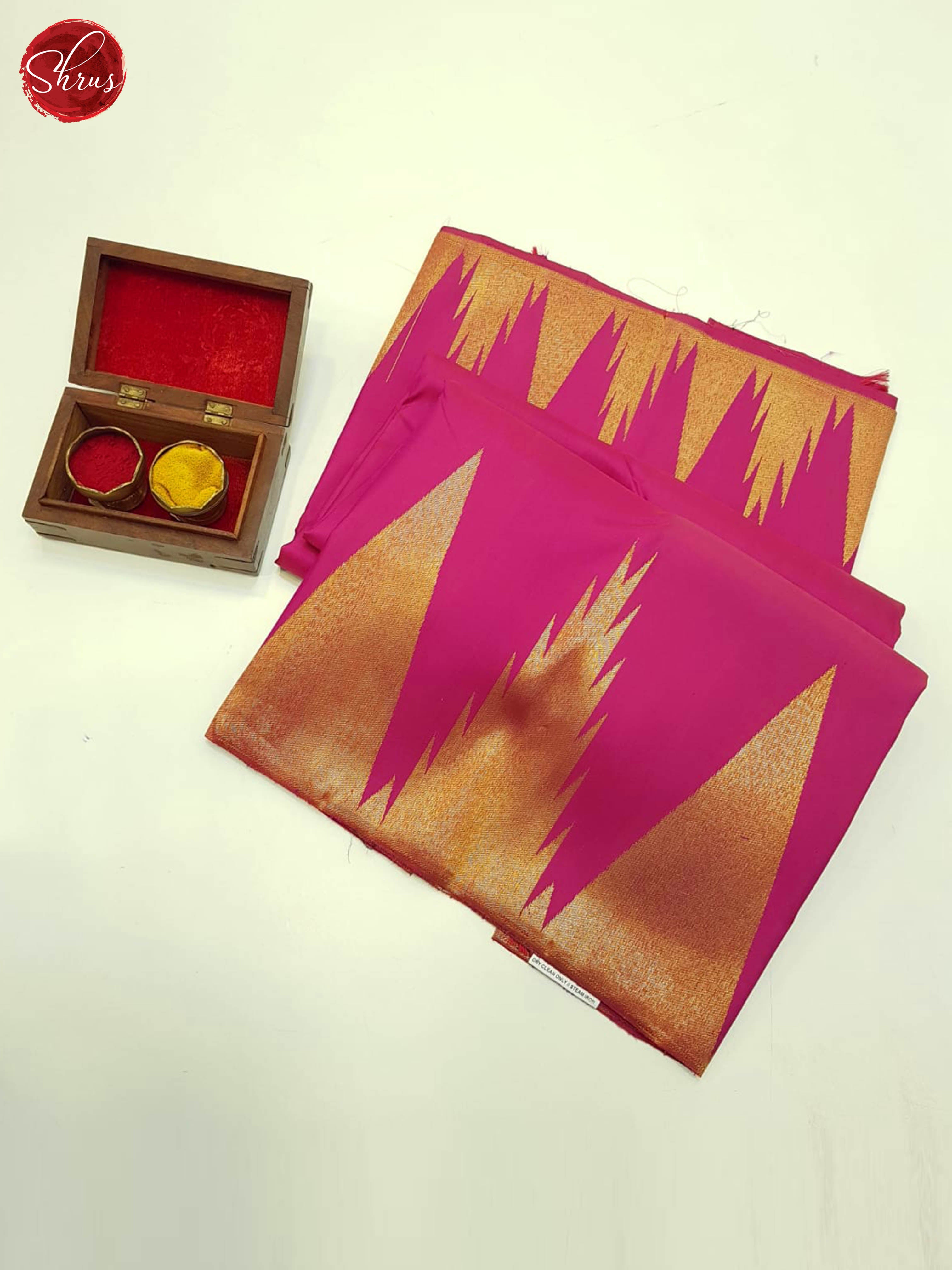 Rani pink(Single tone)- Kanchipuran Silk with plain body & zari woven temple Border - Shop on ShrusEternity.com
