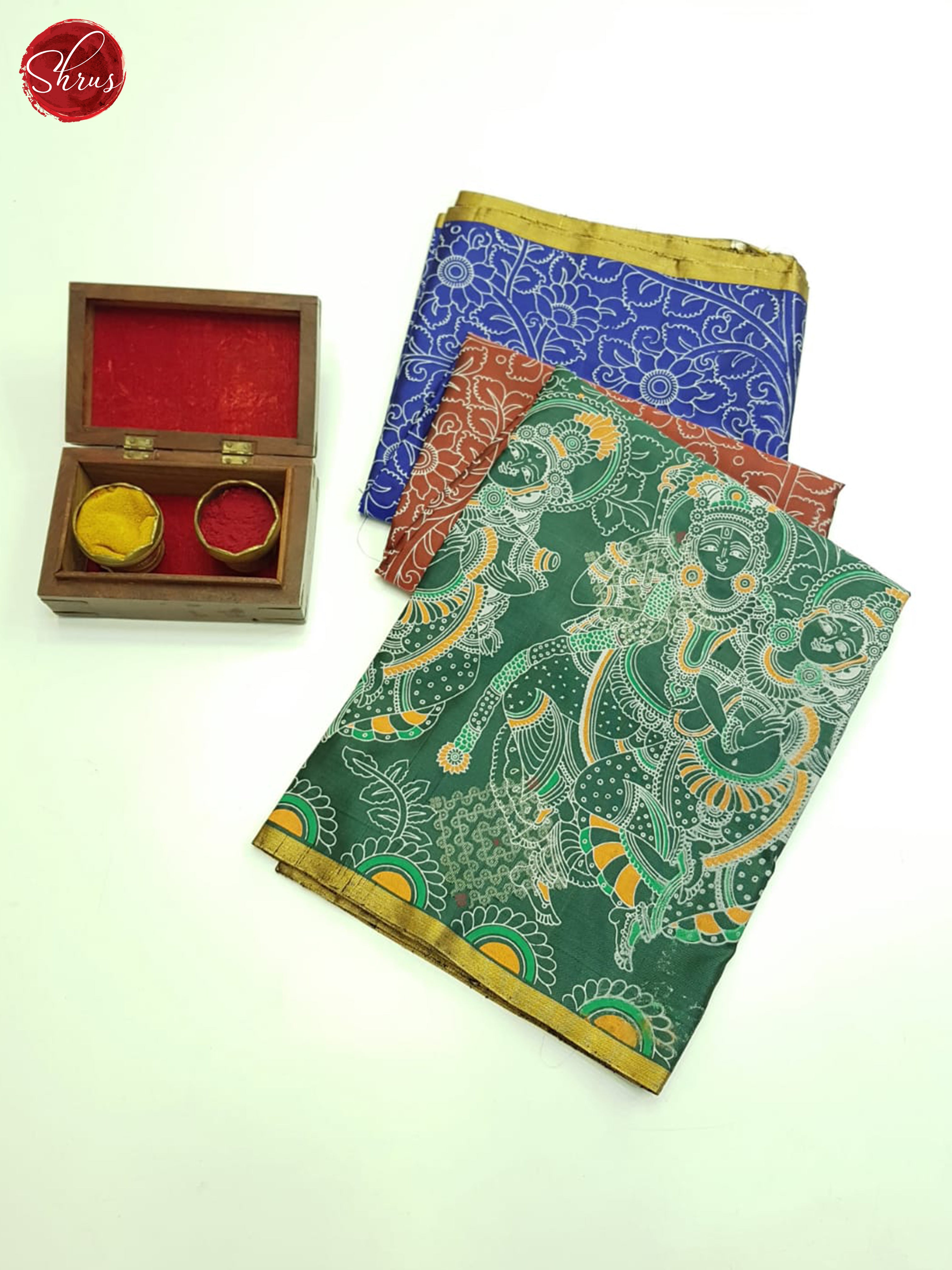 Green & , Blue & Maroon - Borderless Soft Silk with gold , Silver Zari kolam motifs on the Body - Shop on ShrusEternity.com