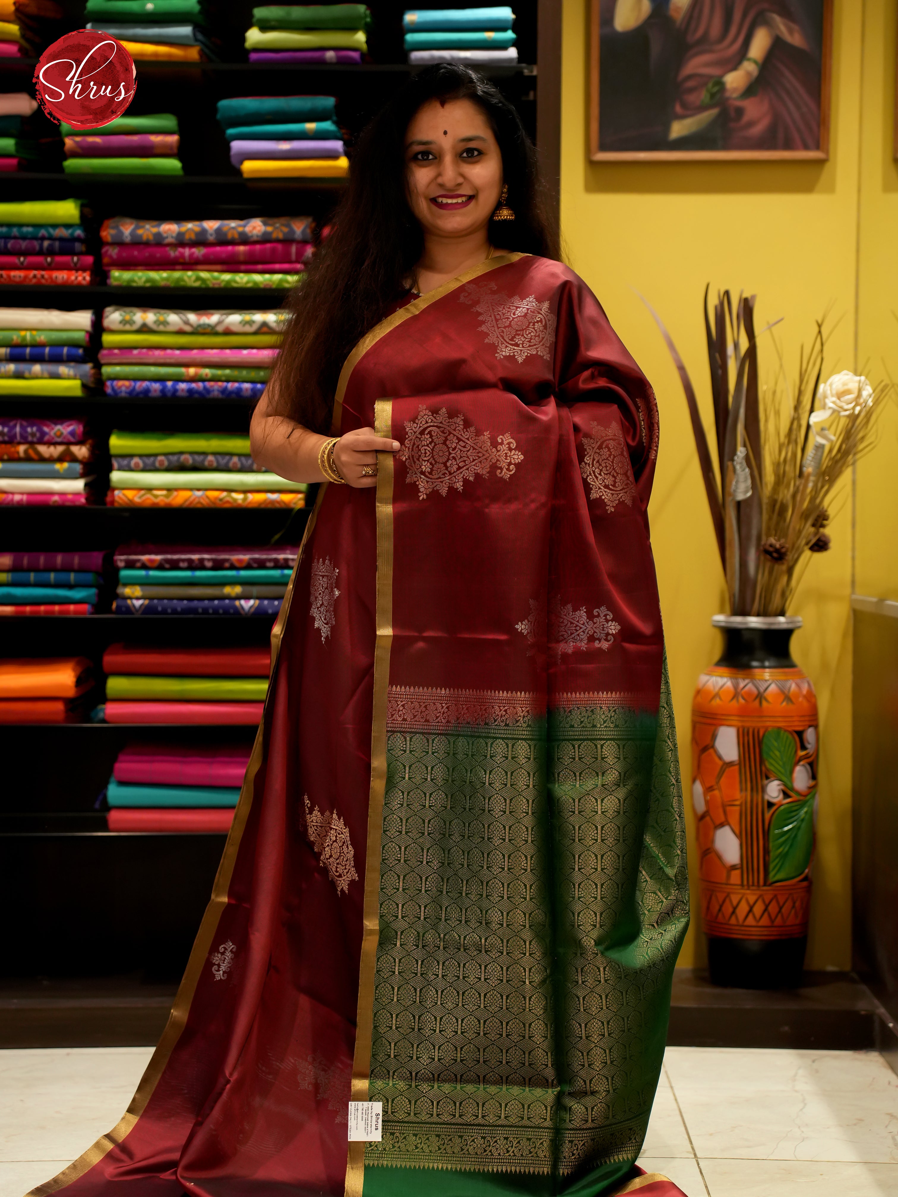 Maroon & Green -Borderless Soft Silk Saree with Gold Zari woven Floral Motifs on the body - Shop on ShrusEternity.com