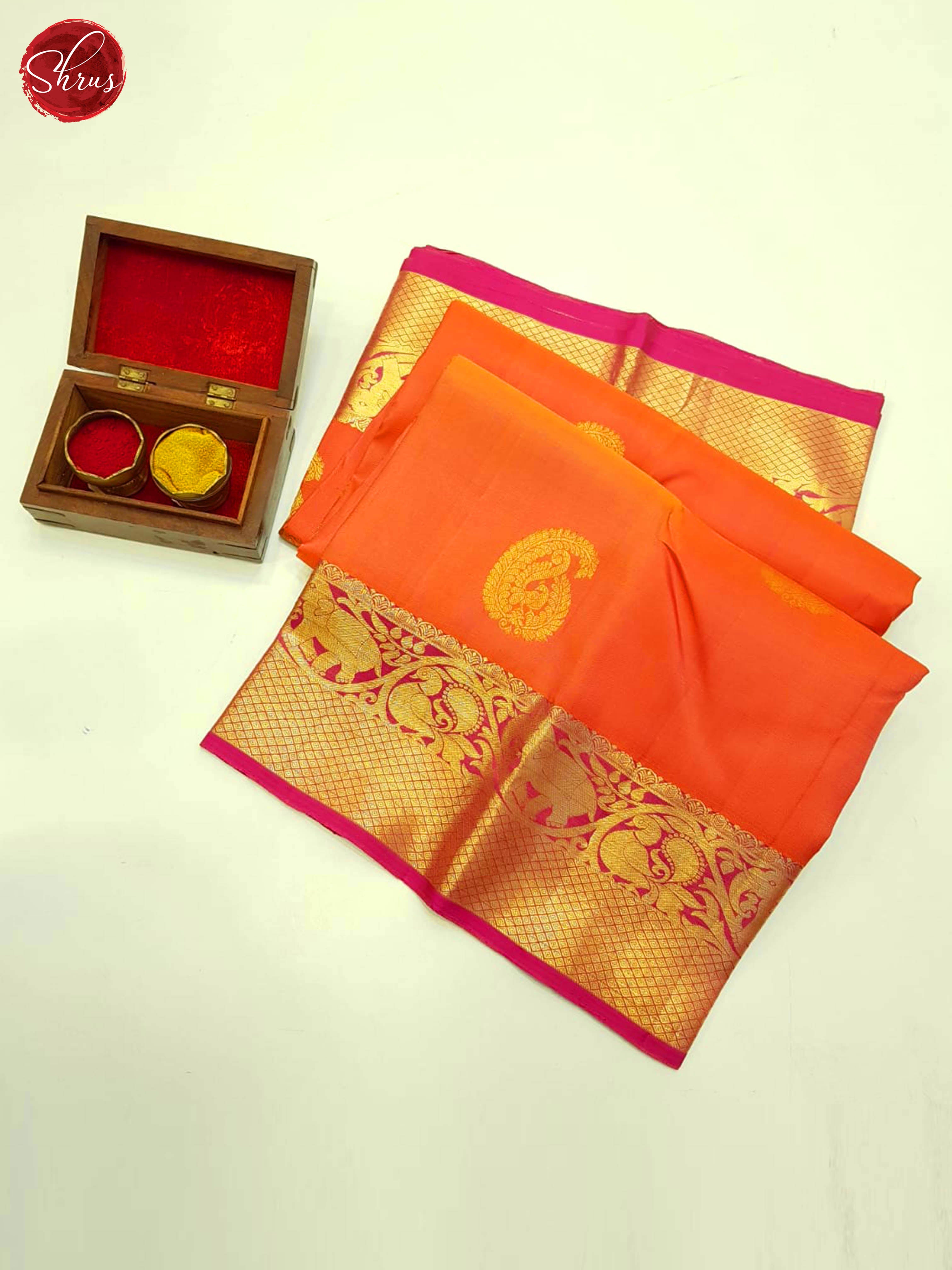 Orange & Purple - Kanchipuram Silk with  gold zari paisleys motifs on the body & Contrast Gold Zari Border - Shop on ShrusEternity.com