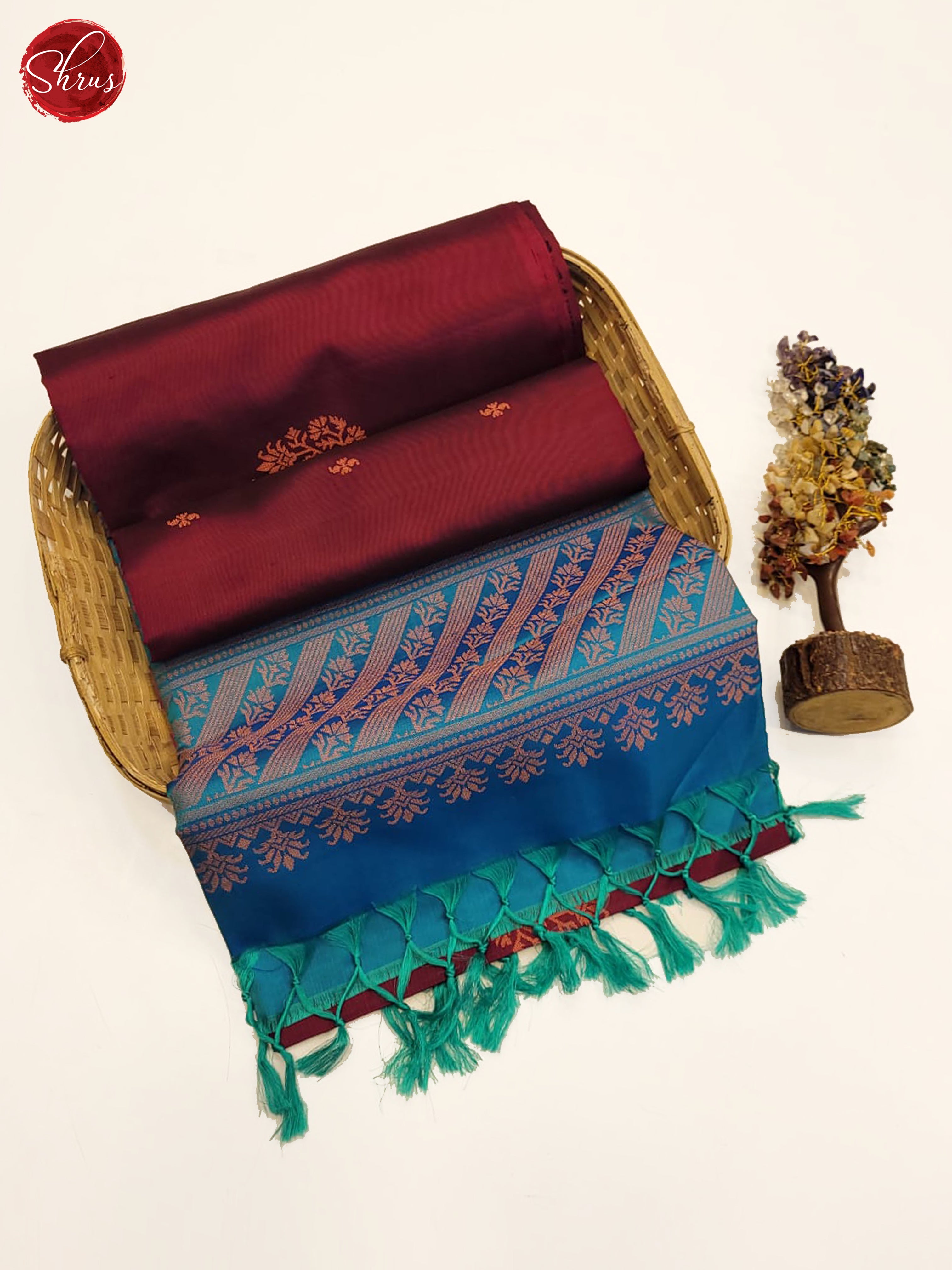 Purple & Blue - Borderless Soft Silk with zari woven floral buttas , motifs  on the body - Shop on ShrusEternity.com