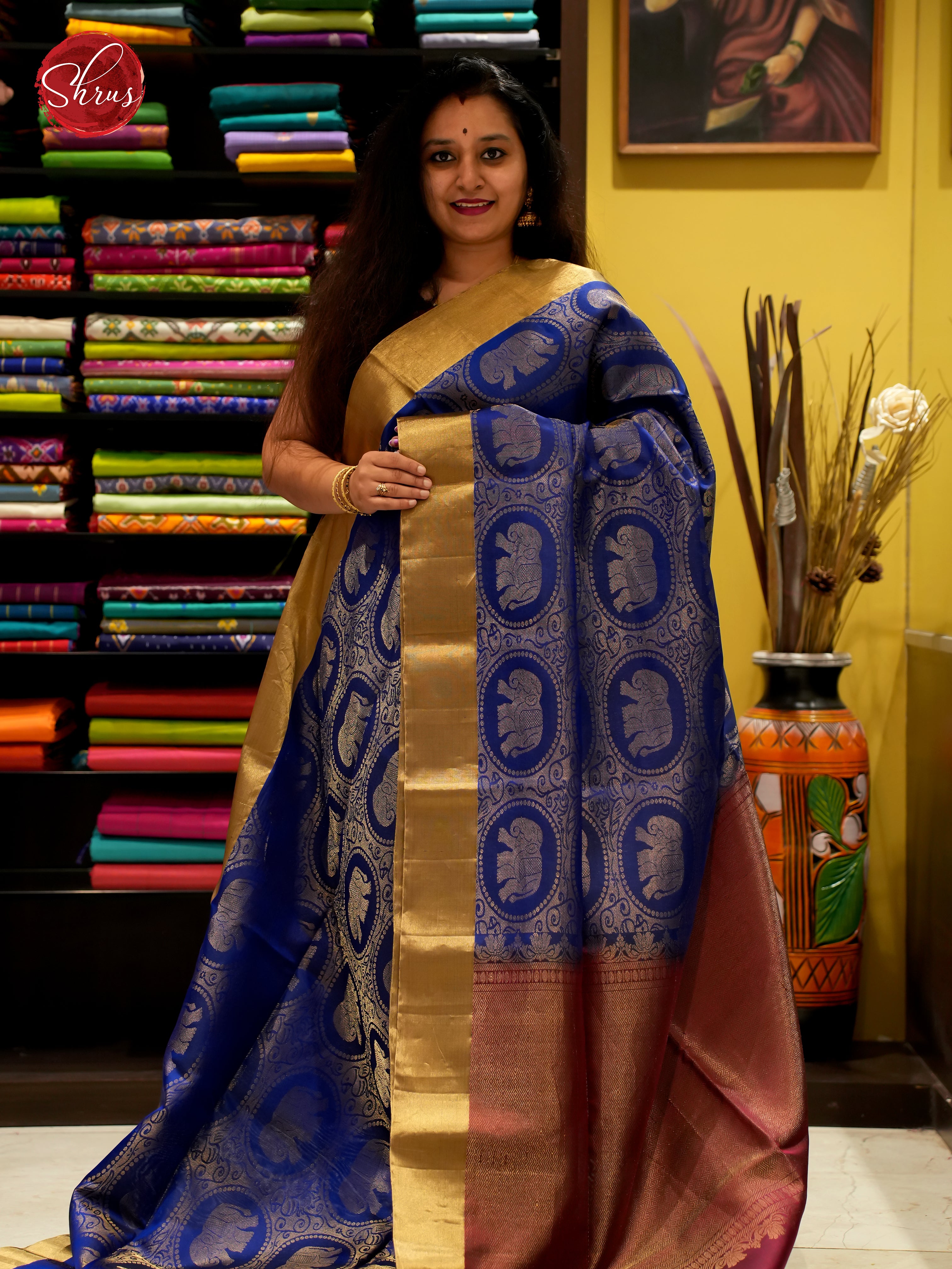 Blue &  Maroon -Soft Silk Saree with Elephant motifs in brocade on the body & Zari Border - Shop on ShrusEternity.com