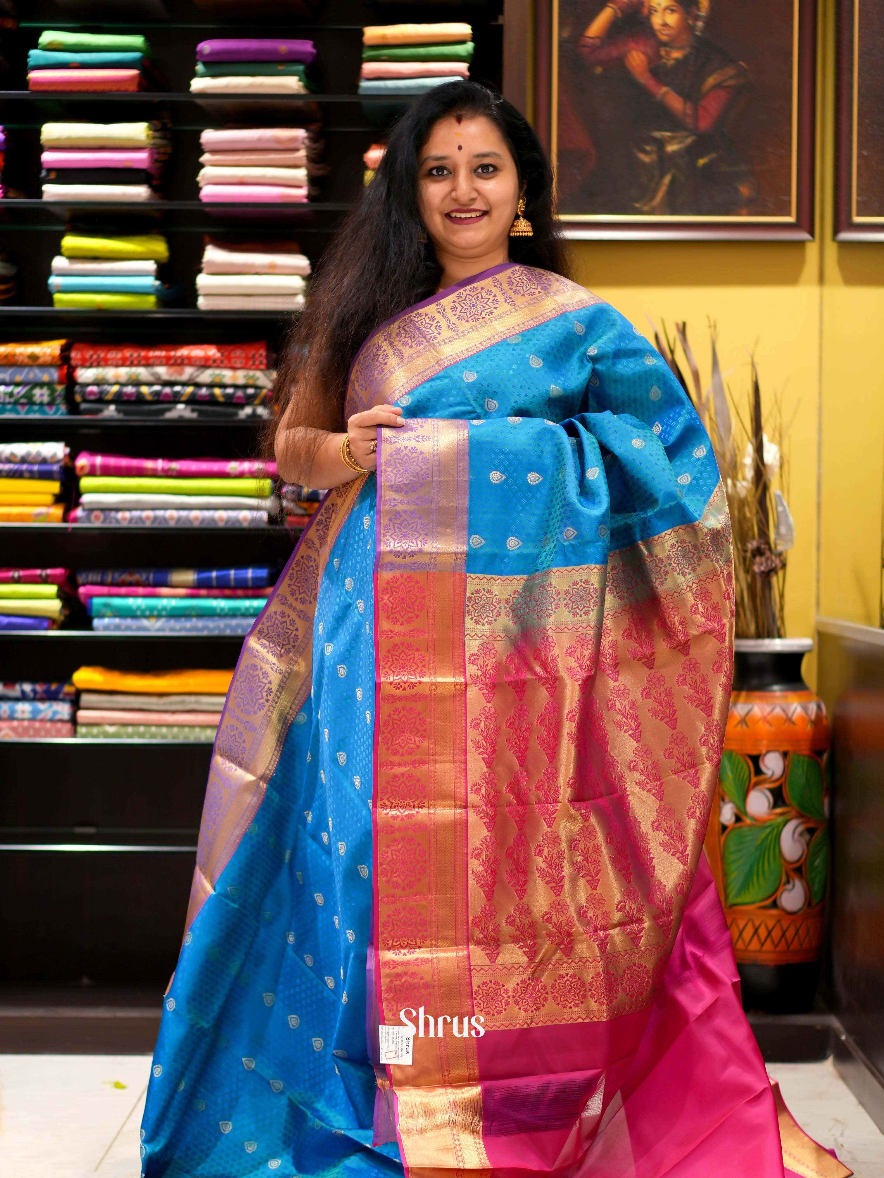 Blue & Pink -  Kanchipuram (Half Pure) Saree with zari woven floral buttas, self Jacquard  on the body & Contrast Zari Border