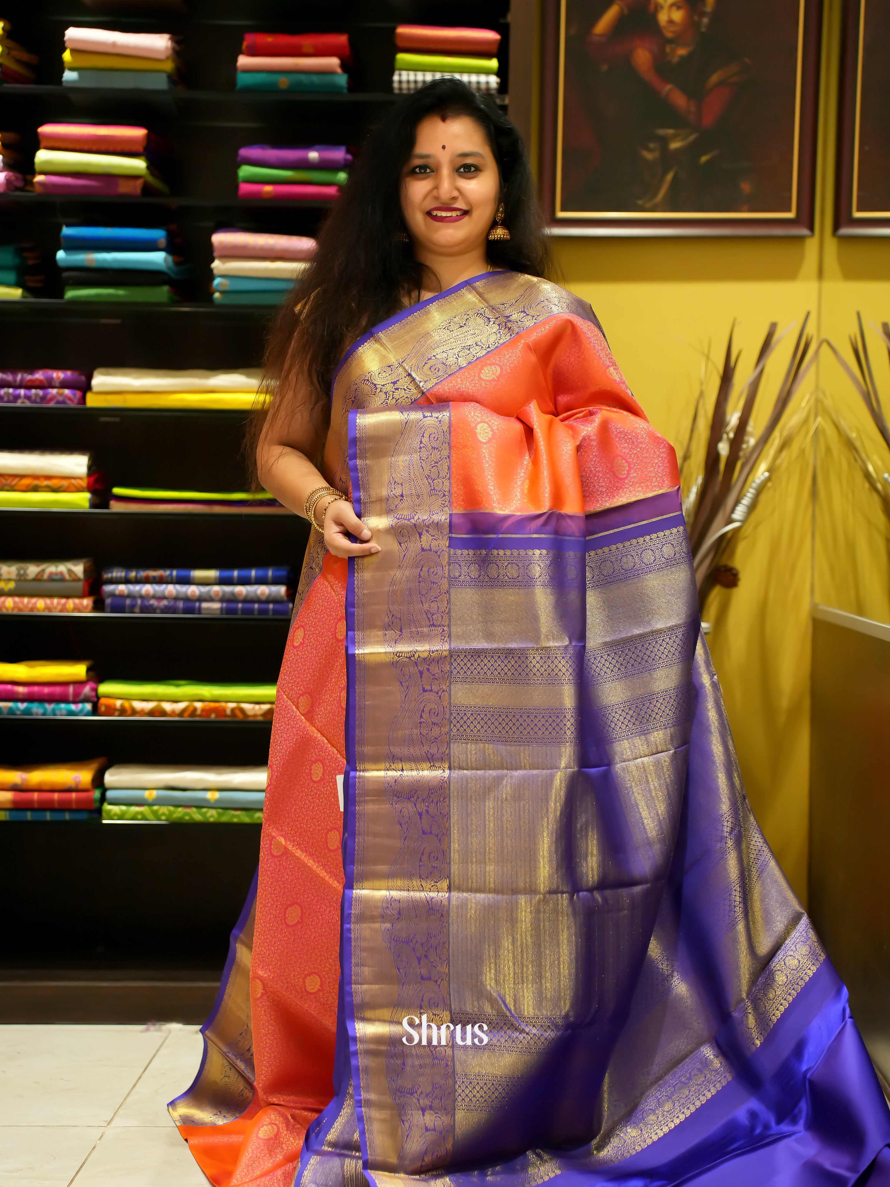 Orangish Pink & Blue - Korvai Kanchipuram Silk with Zari brocade on the body & Zari Border